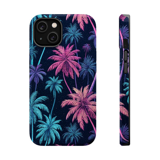 Neon Palm Trees Phone Case with vibrant blue and pink palm tree design, compatible with MagSafe, durable protective cover for iPhone.