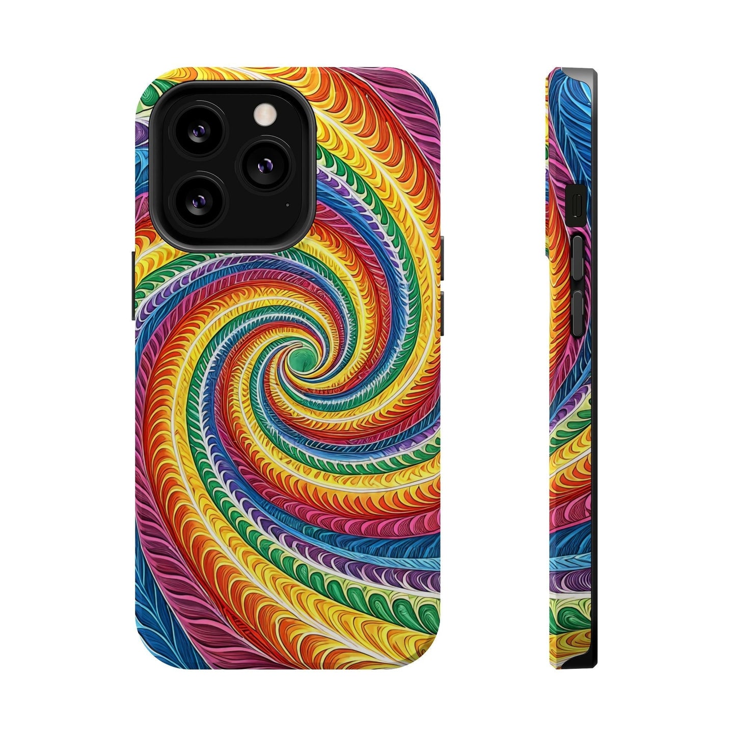 Rainbow swirl iPhone tough case with vibrant colorful spiral design and durable dual-layer protection.