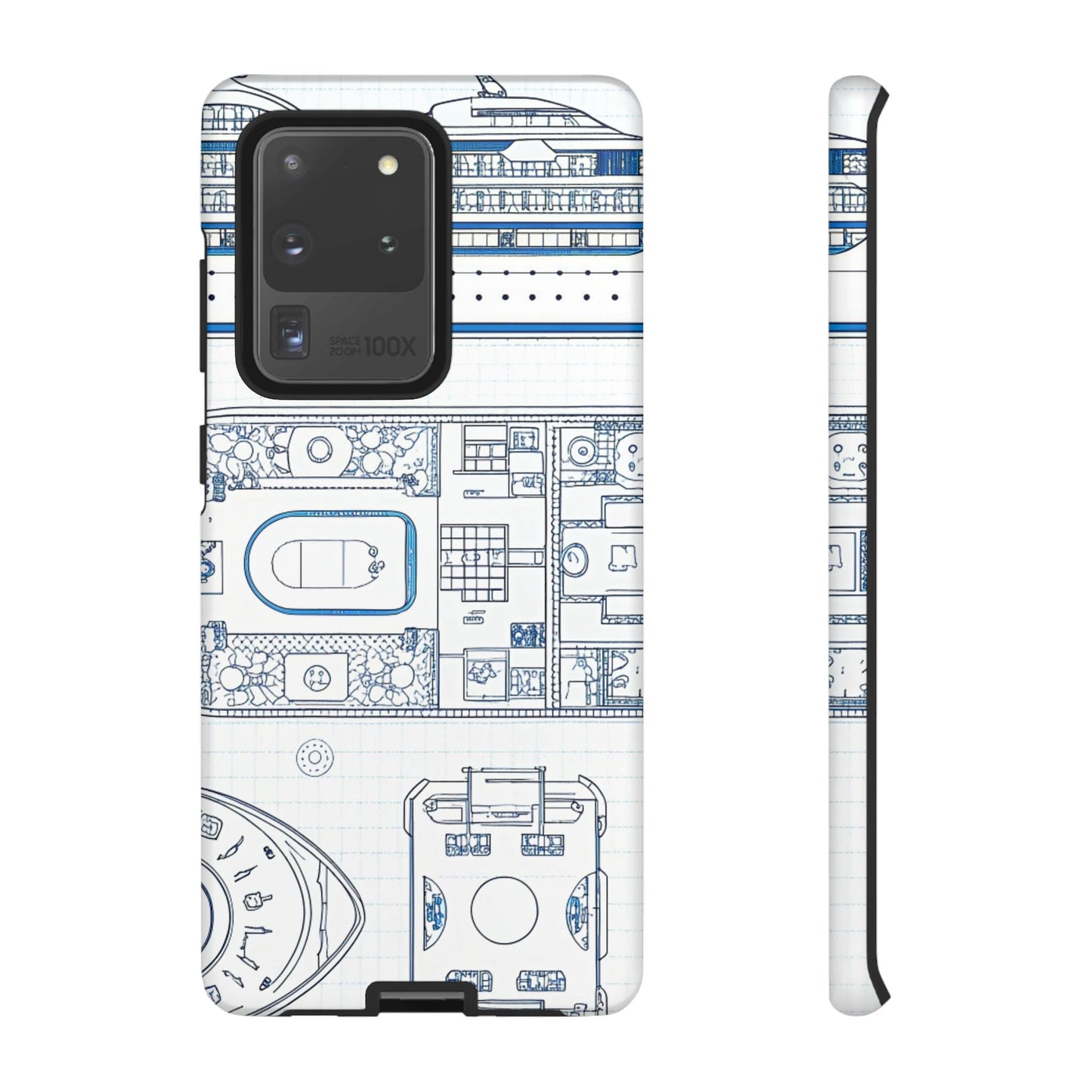 Samsung phone case with detailed blue and white cruise ship design, durable and shock-absorbing protection.