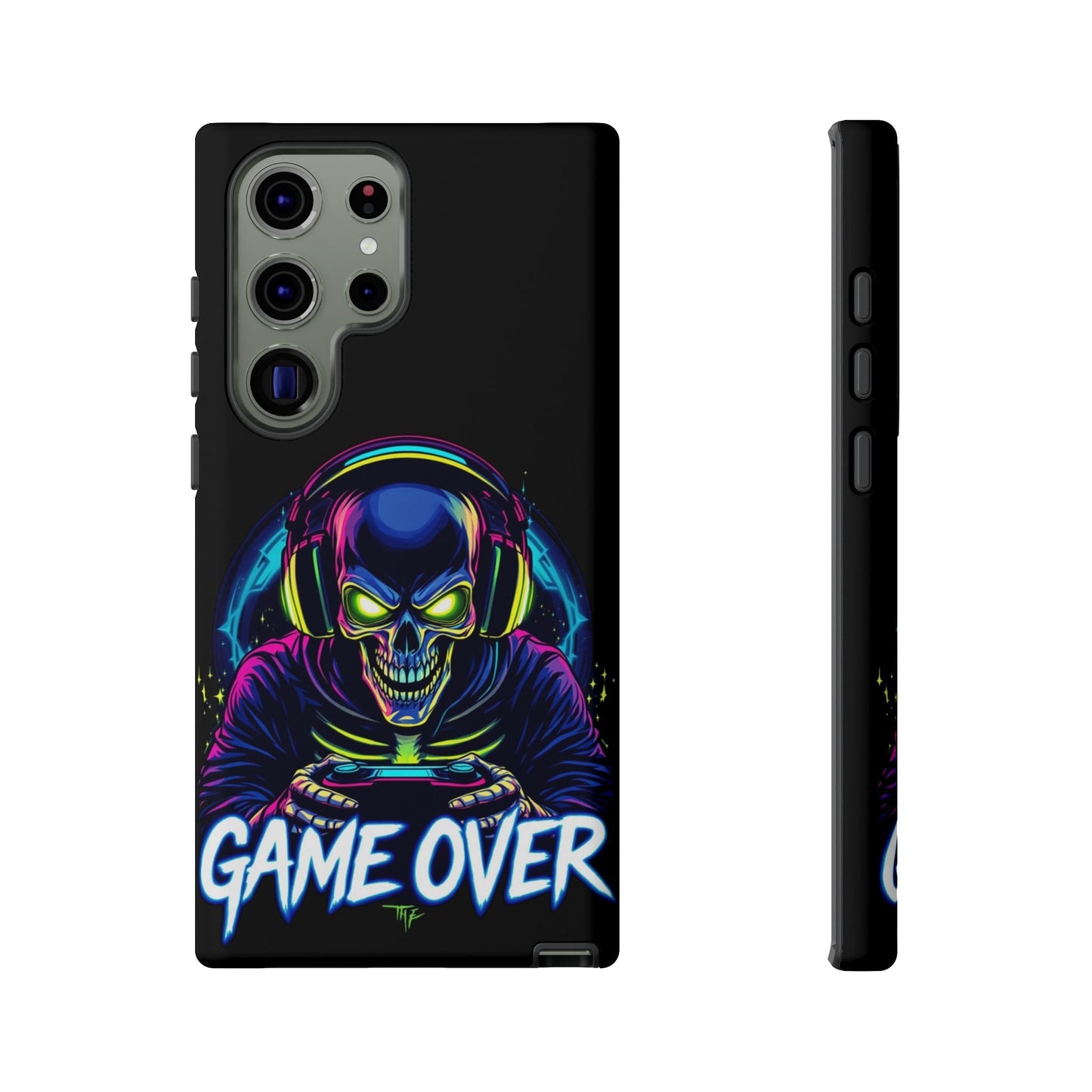 Game Over Design Samsung tough impact-resistant phone case with colorful skull gamer graphic and bold text