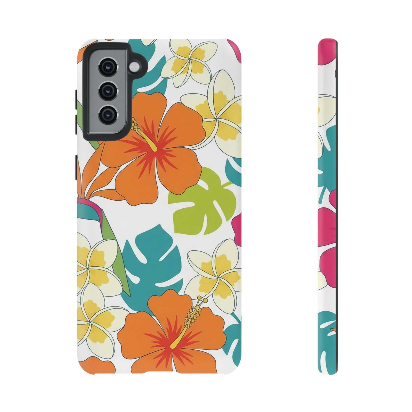 orange floral Samsung phone case with durable shock-absorbent design and wireless charging support