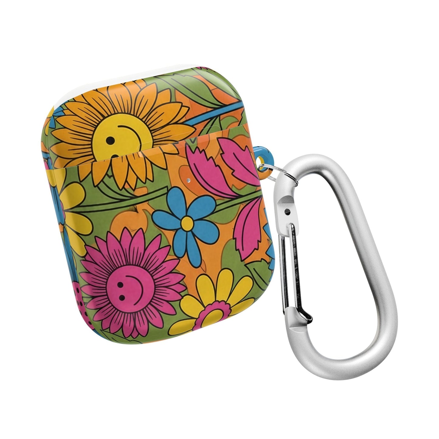 Flower Power AirPod Case with colorful floral design and attached silver carabiner clip