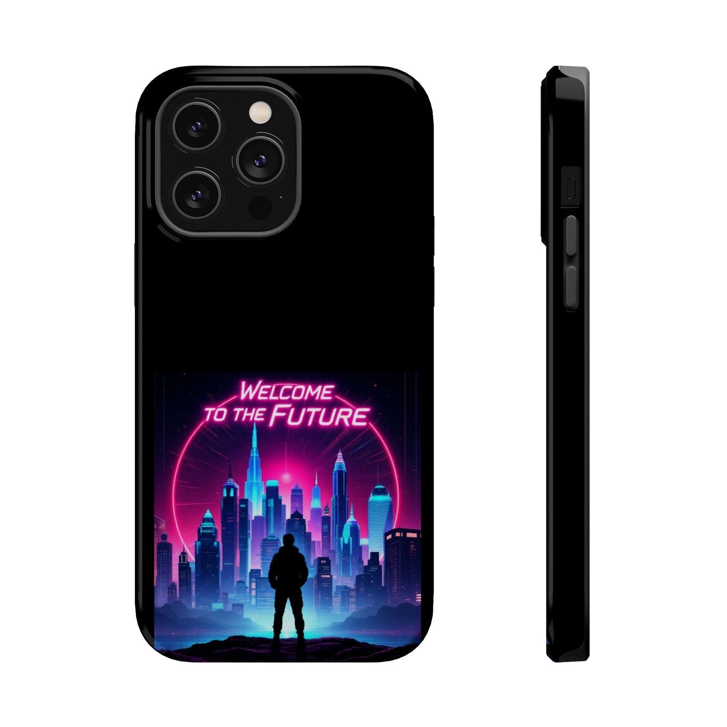 Black iPhone case with neon futuristic cityscape and "Welcome to the Future" text, MagSafe compatible durable protection