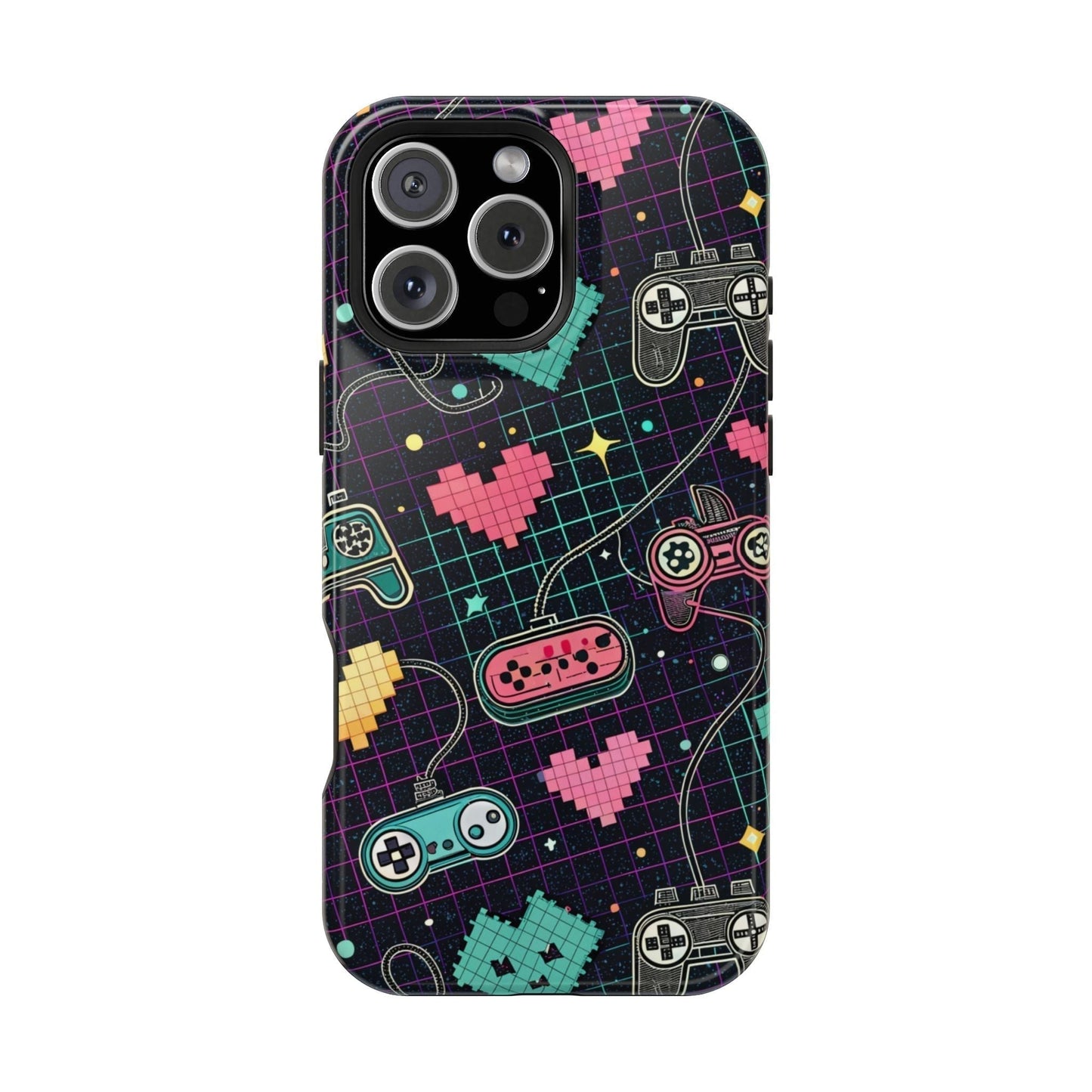 Retro Gamer Inspired dual-layer iPhone case with colorful pixelated game controllers and hearts design, MagSafe compatible.