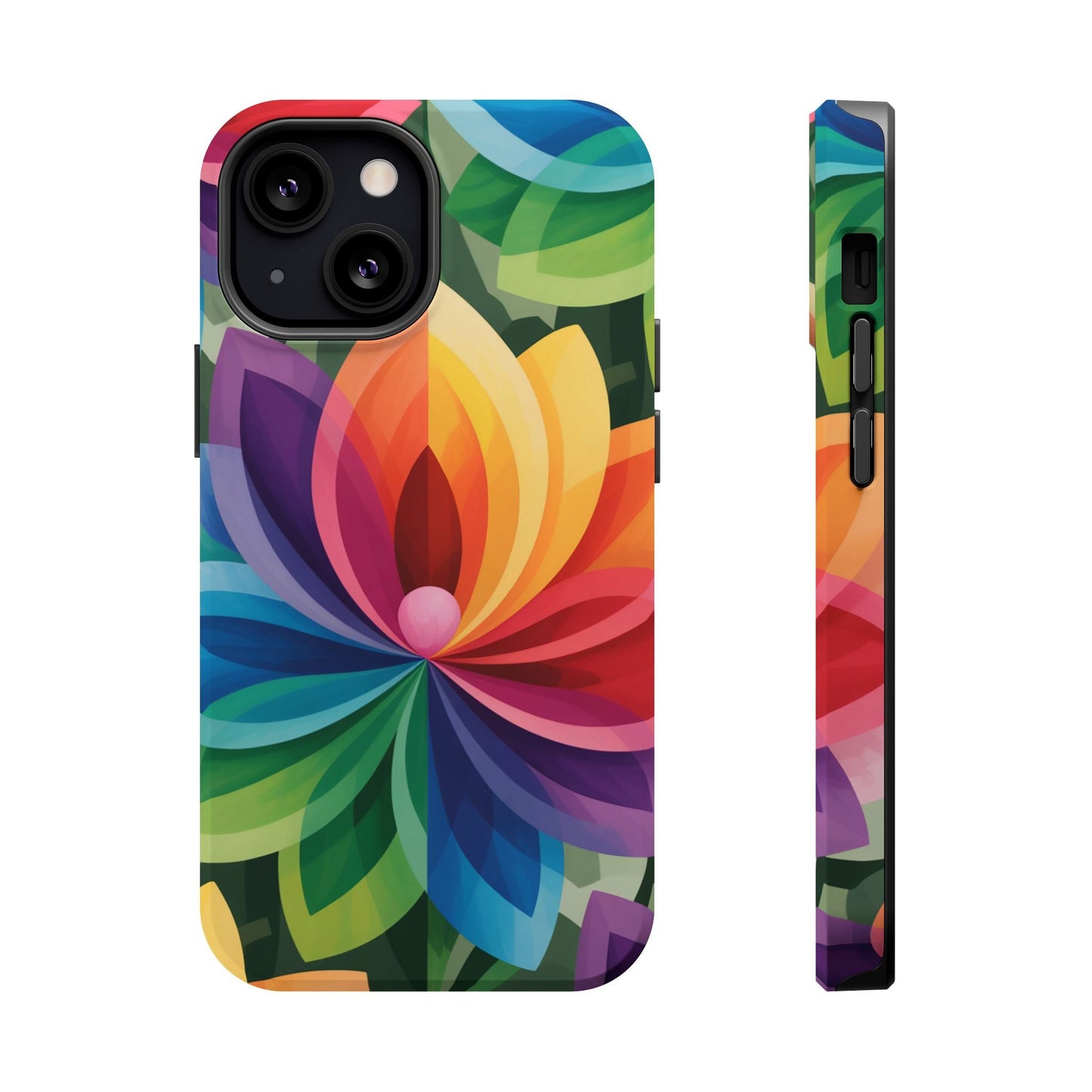 Colorful Rainbow Flower iPhone case with vibrant floral design and MagSafe compatibility for protection and style