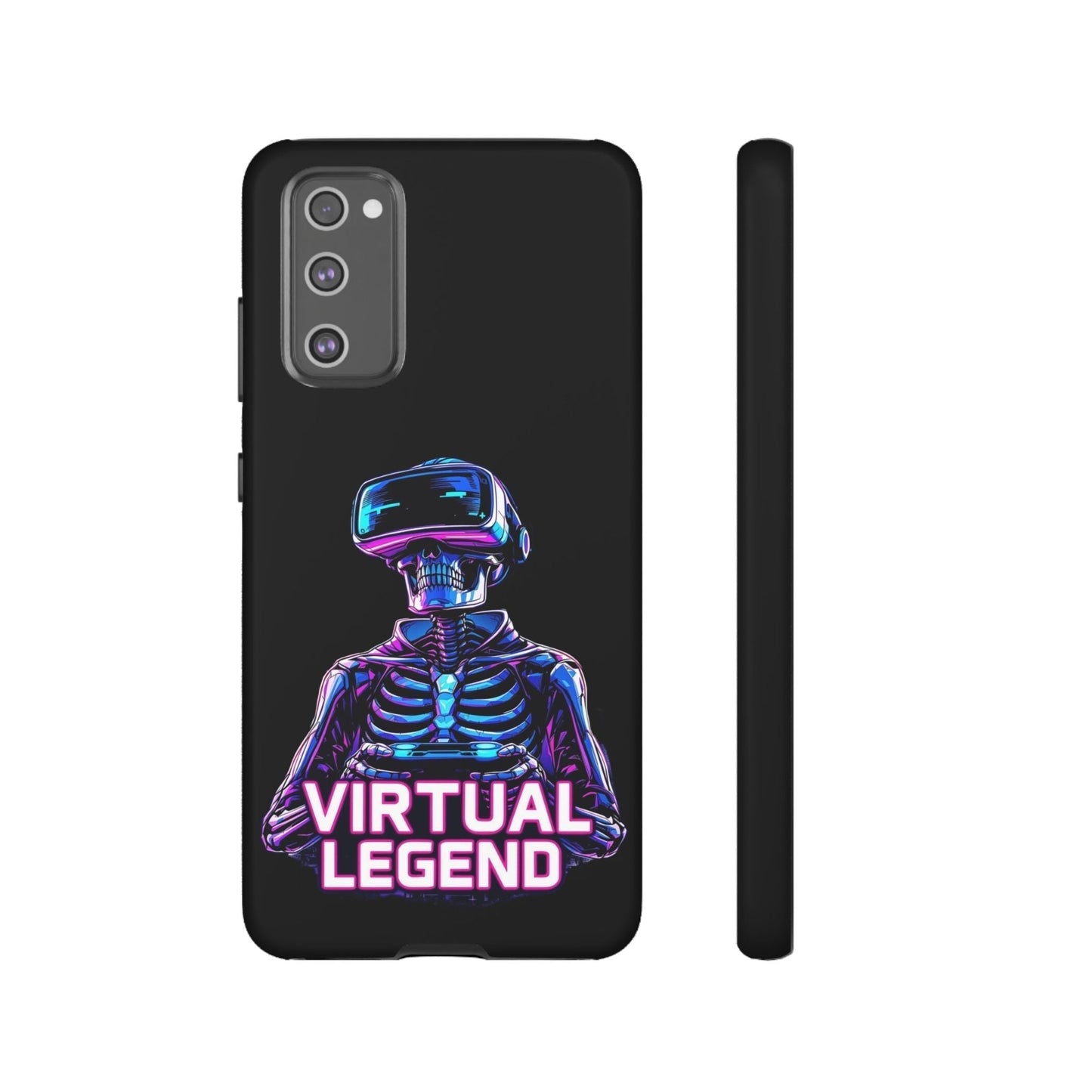 Virtual Legend Gamer Tough Case with neon skeleton wearing VR headset, shockproof black phone protection for Samsung models.
