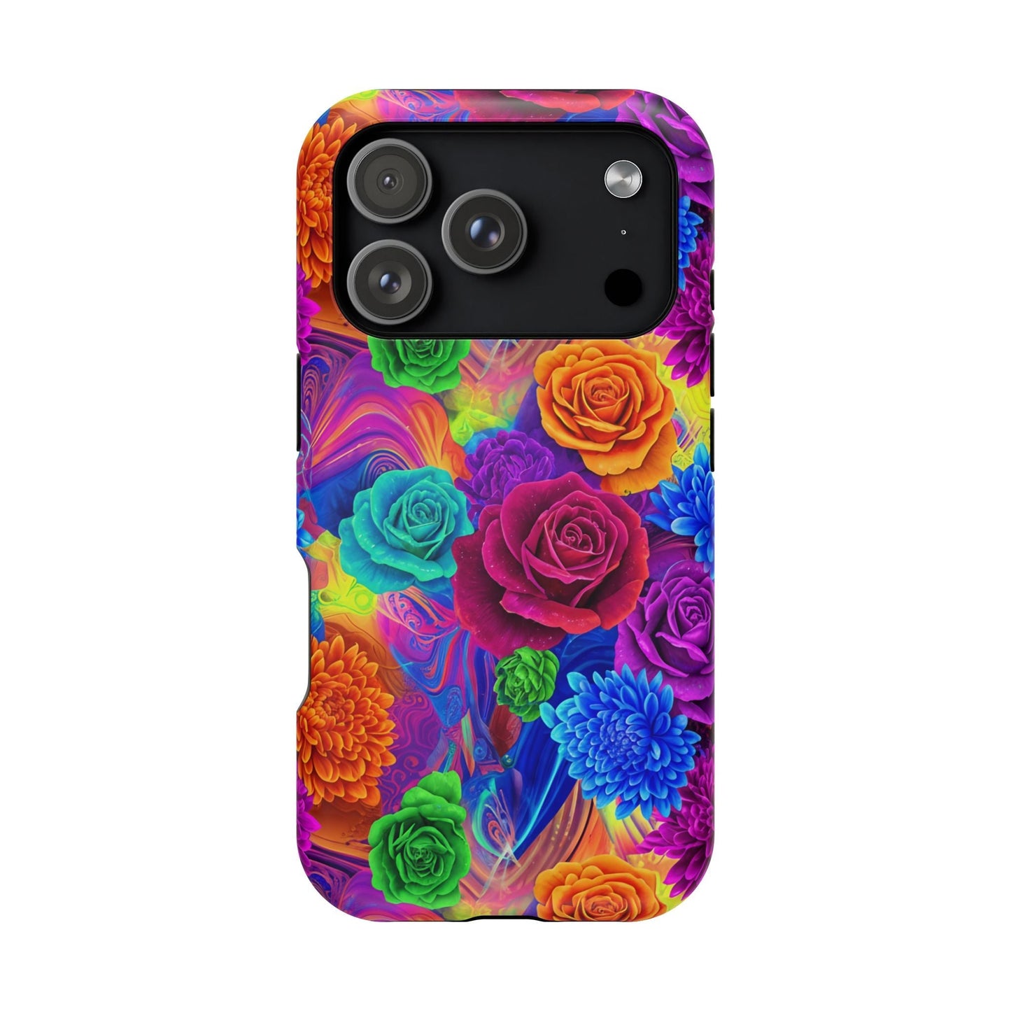 iPhone tough case with vibrant seamless floral pattern and impact-resistant dual-layer design