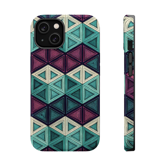 Purple and teal abstract geometric magnetic iPhone tough case with dual-layer protection and MagSafe compatibility