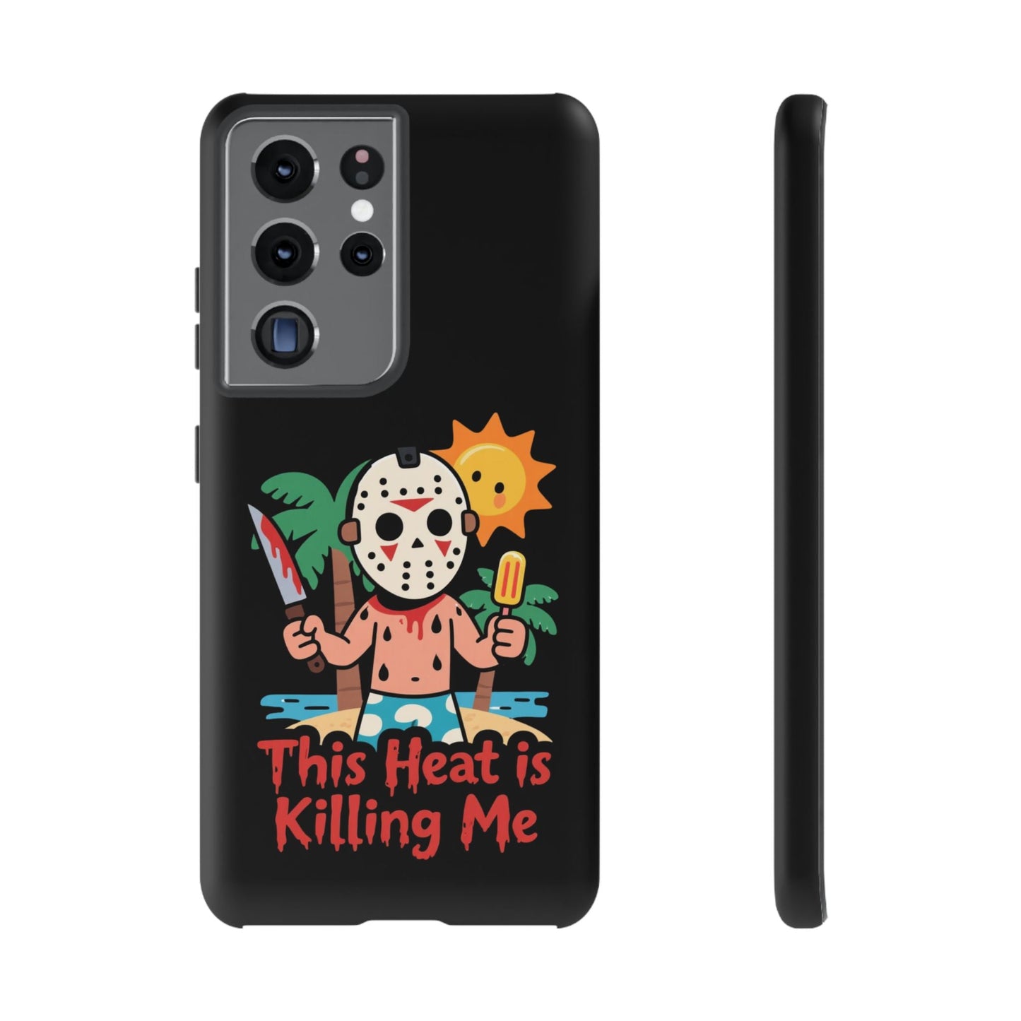 Samsung phone case with "This Heat is Killing Me" Summerween inspired design featuring a masked character holding a knife and popsicle under the sun, durable and shock-resistant.
