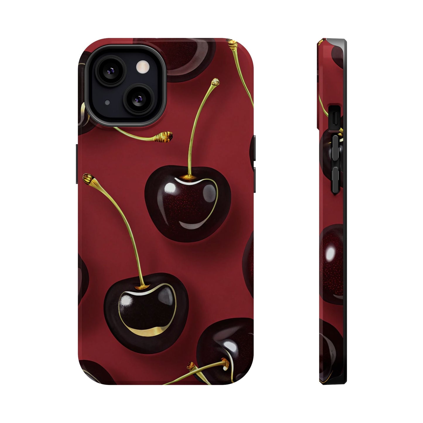Cherry iPhone tough case with vibrant photo-realistic cherry design, dual-layer protection, MagSafe compatible, in matte finish