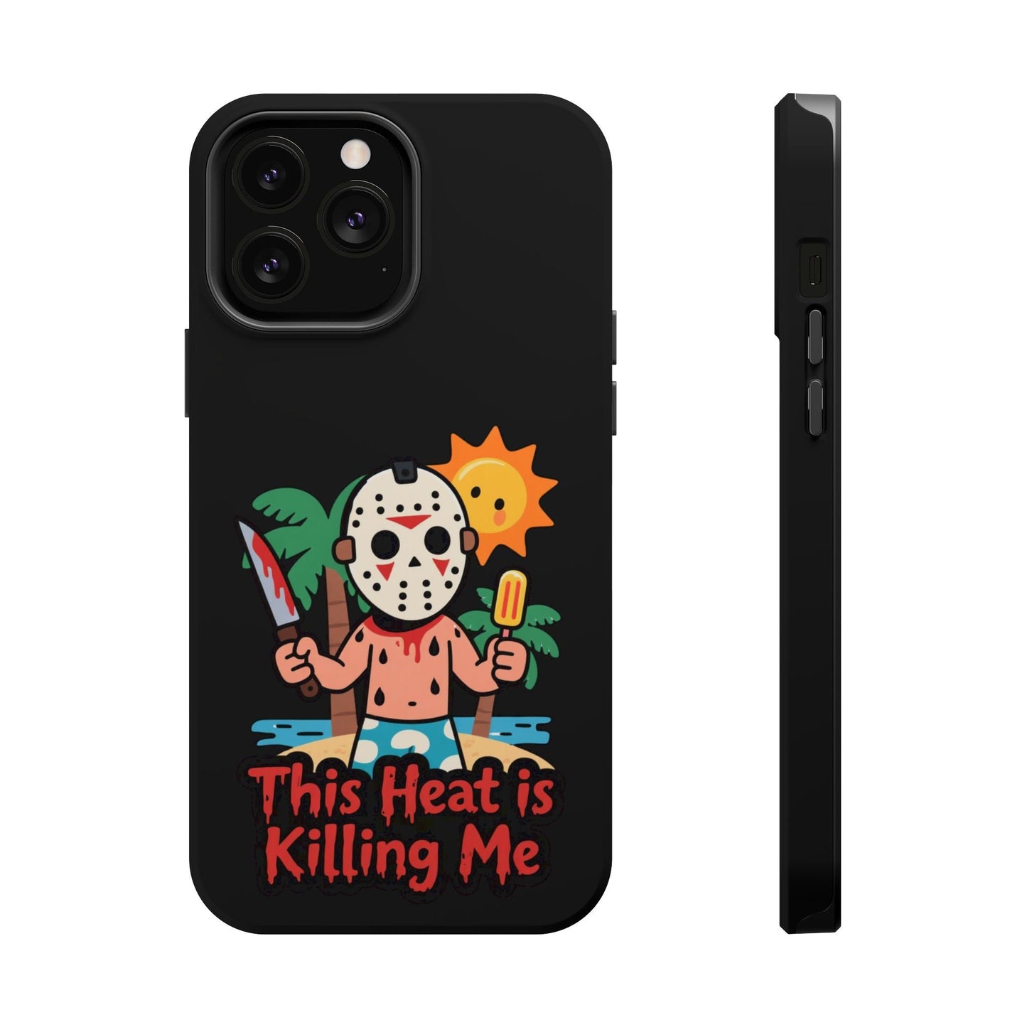 Summerween inspired phone case with cartoon horror character and "This Heat is Killing Me" text