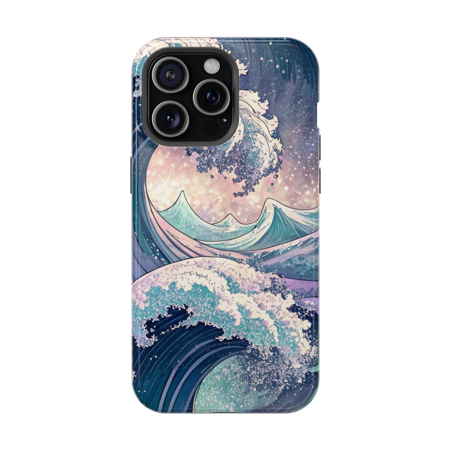 iPhone magnetic tough case with crashing waves design, dual-layer polycarbonate protection, glossy or matte finish, and MagSafe compatibility