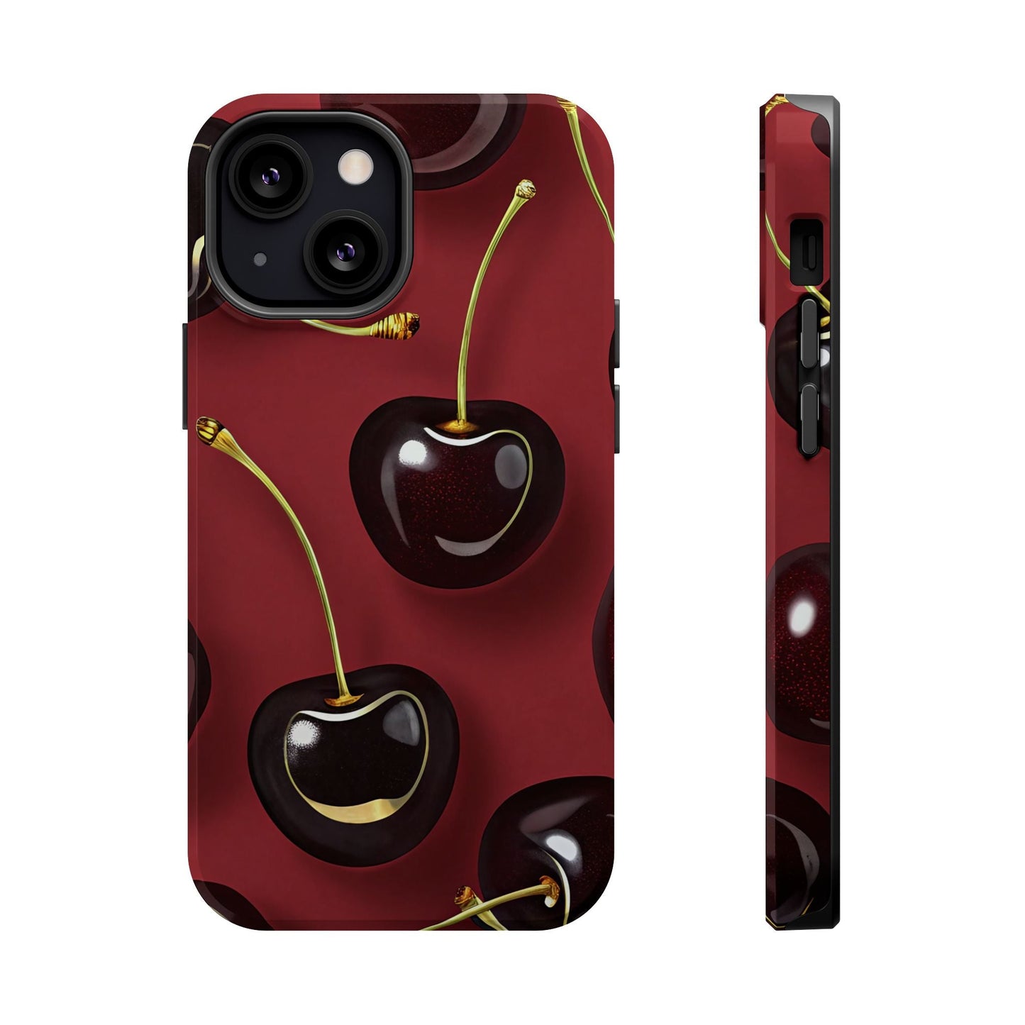 Cherry iPhone tough case with dual-layer protection and vibrant photo-realistic cherry design, MagSafe compatible