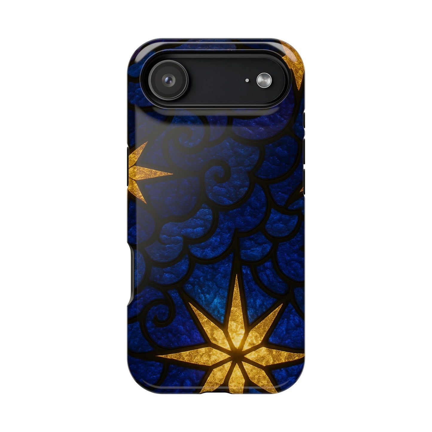 Golden Star Design iPhone tough case with durable polycarbonate and TPU layers, vibrant blue and gold star pattern, MagSafe compatible.