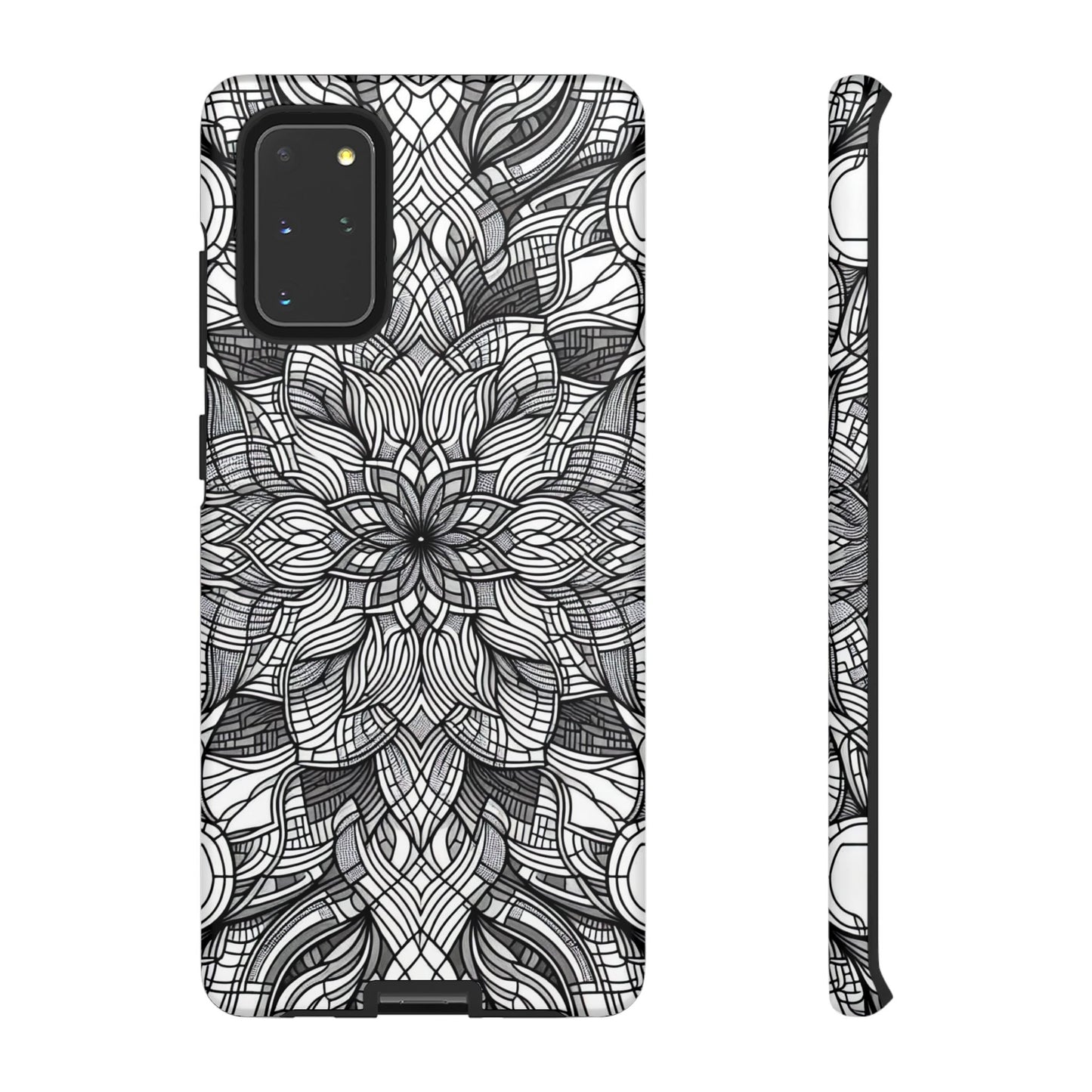 Black and white art explosion Samsung tough case with intricate floral pattern and full device protection
