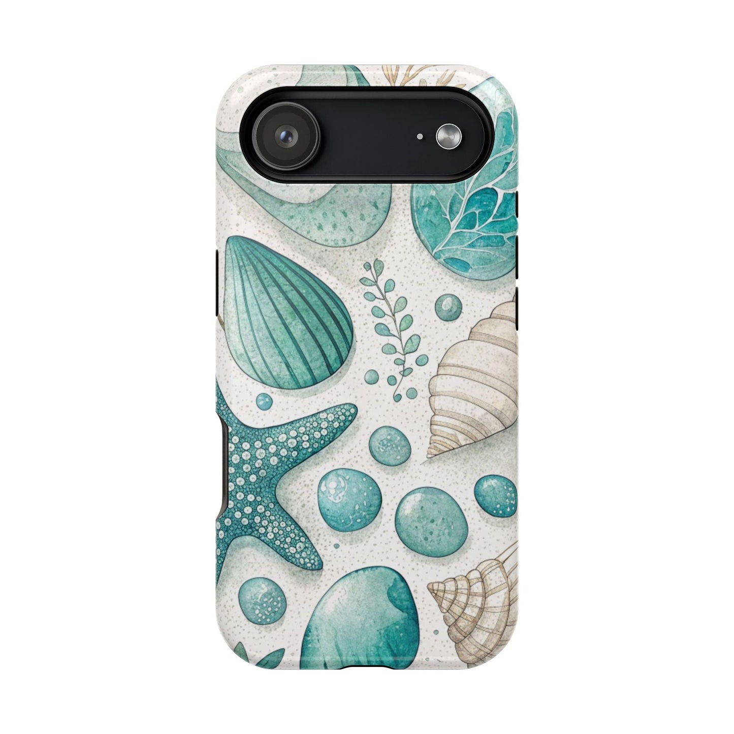 Celebration Sea iPhone Tough Case with sea shells and starfish design, durable protective cover with MagSafe magnet.