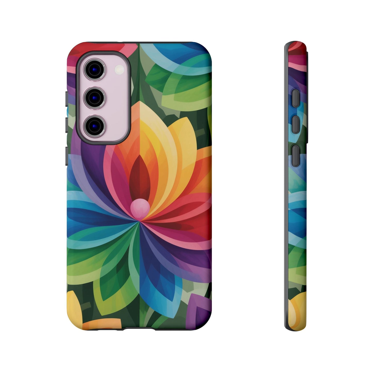 Samsung Tough Case featuring a vibrant rainbow flower design, durable and impact-resistant with shock-absorbing TPU liner, supporting wireless charging.