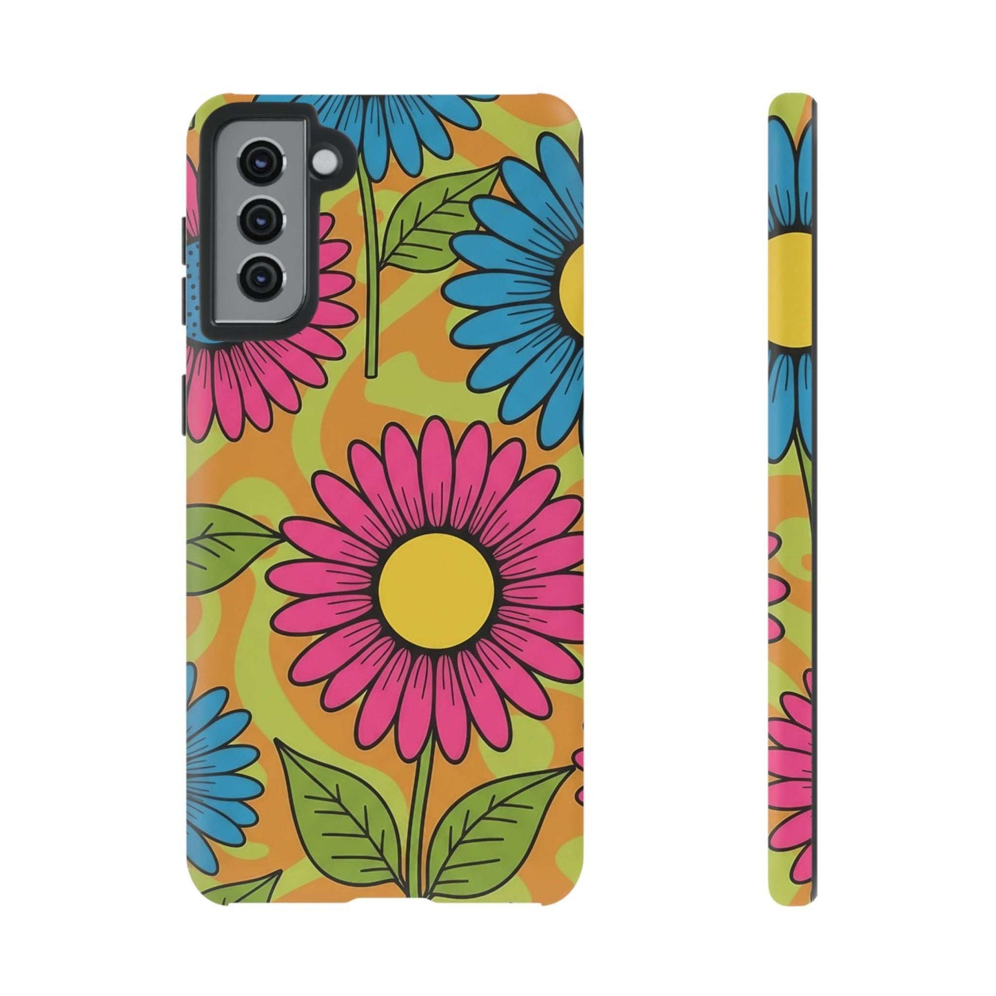 Samsung Tough Case with colorful floral design, durable impact-resistant shell, shock-absorption liner, and wireless charging compatible phone protection