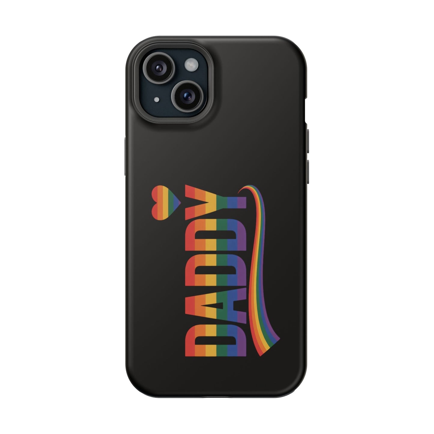 Black iPhone tough case with colorful Fun Daddy LGBT Daddy text and rainbow heart design