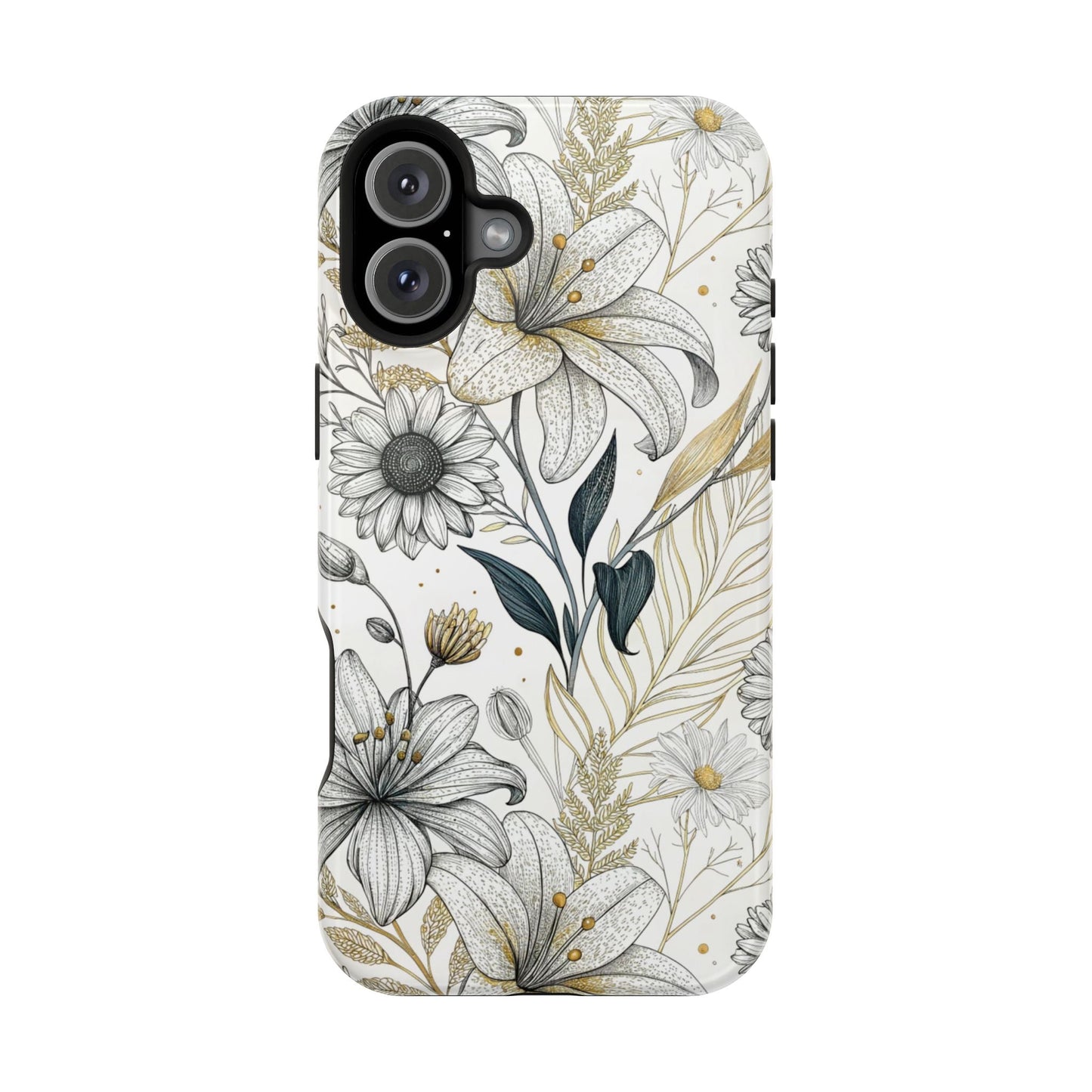 Golden Leaf Flower modern minimalist tough iPhone case with durable dual-layer protection and MagSafe compatibility