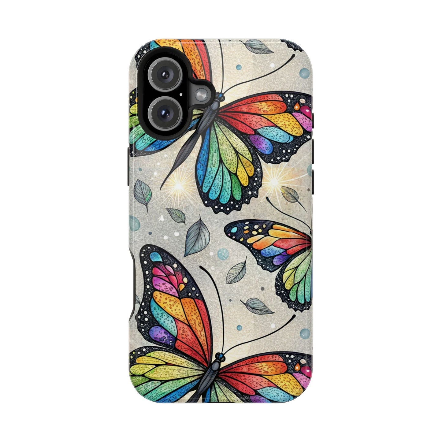 Vibrant Rainbow Butterfly iPhone case with colorful butterfly design, dual-layer protection, and MagSafe compatibility