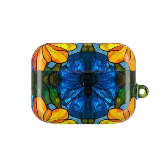 Vibrant floral AirPods case with impact and scratch resistance, featuring colorful orange and blue flower design and carabiner loop for easy carrying