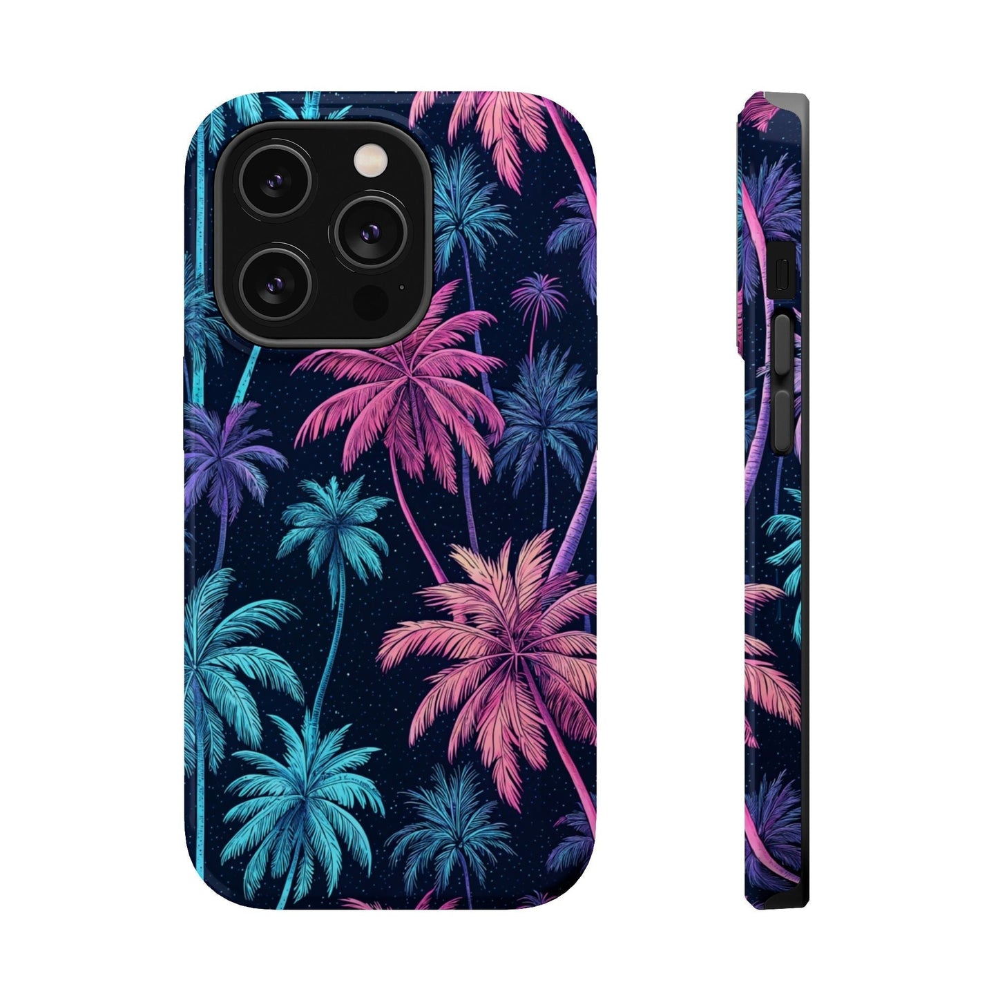 Neon Palm Trees Phone Case with vibrant pink and blue palm tree design on black background for iPhone with MagSafe compatibility