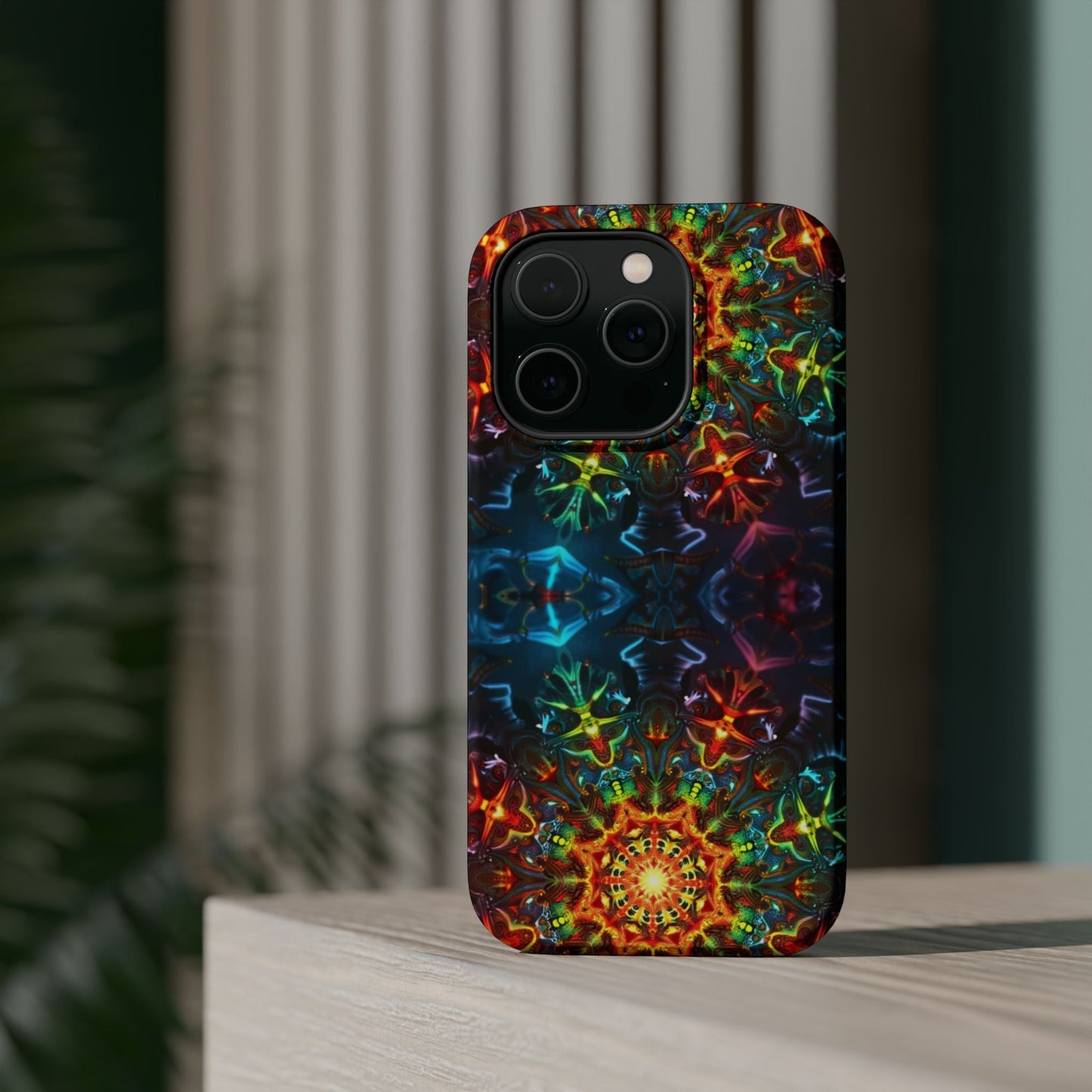 iPhone case with vibrant Abstract Kaleidoscope Design featuring durable protective dual-layer build and colorful artistic pattern