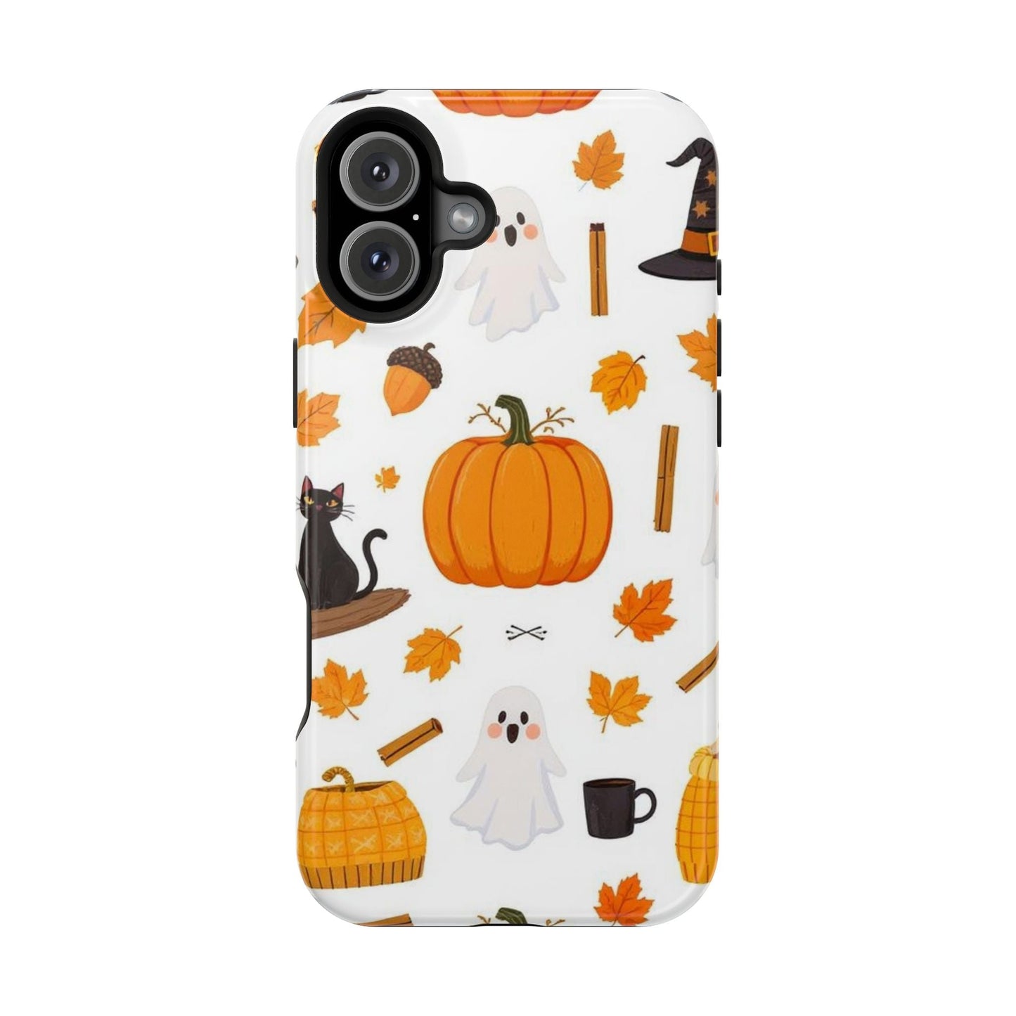 iPhone case with Halloween pumpkins, ghosts, black cat, autumn leaves, and witch hat design