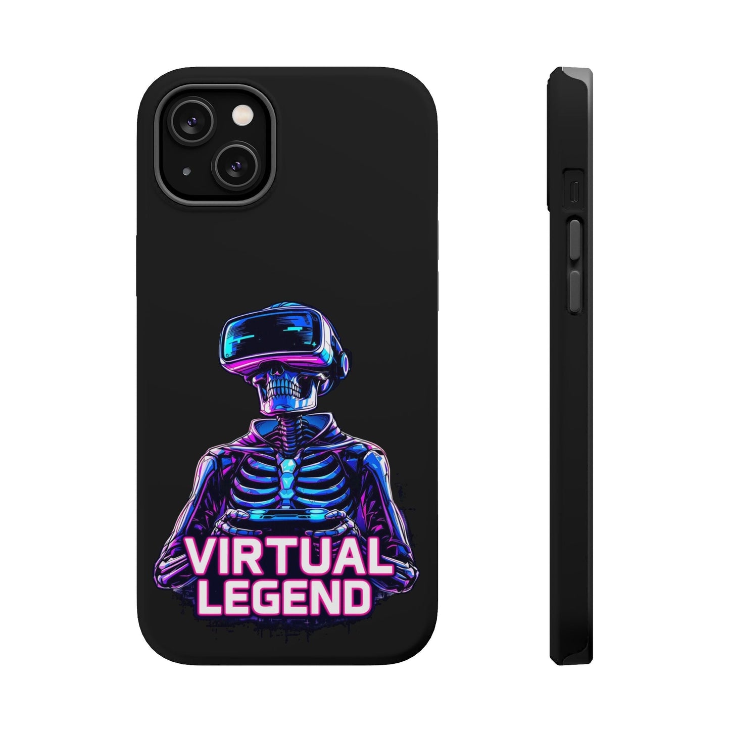 Virtual Legend Gamer iPhone tough case with vibrant skeleton wearing VR headset design and MagSafe compatibility