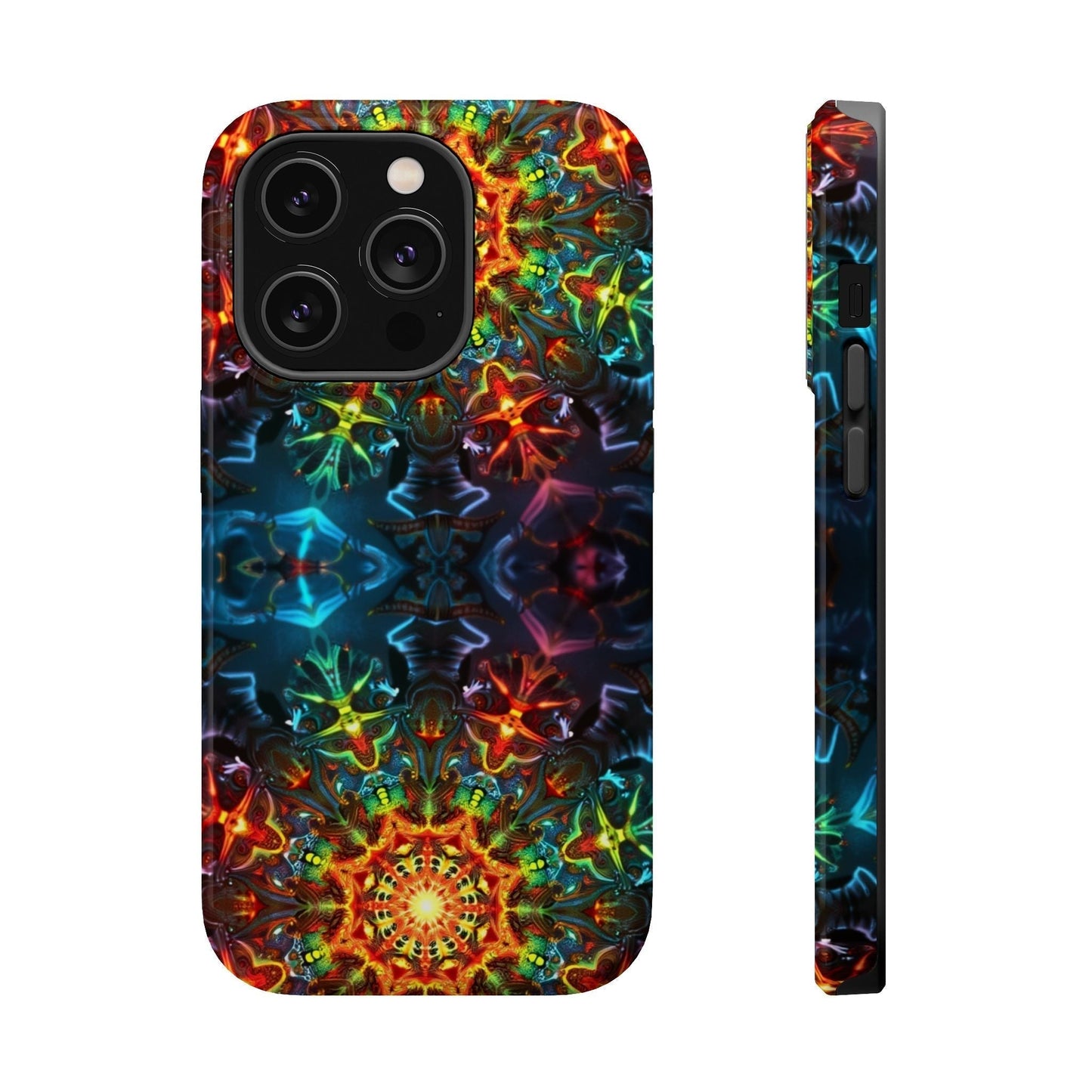 Colorful abstract kaleidoscope design iPhone magnetic tough case with durable dual-layer protection and MagSafe compatibility.