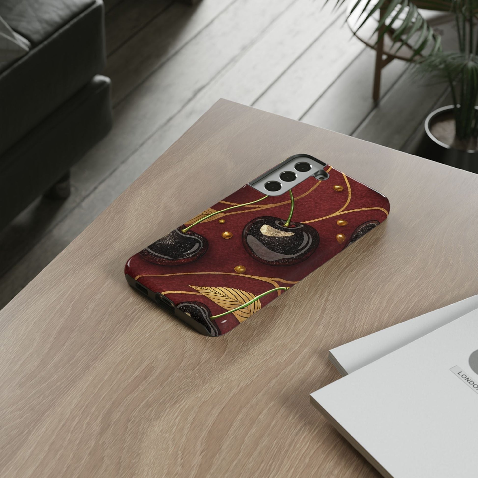 Golden Cherry Samsung Tough Case with 3D cherry design and protective durable cover on wooden table