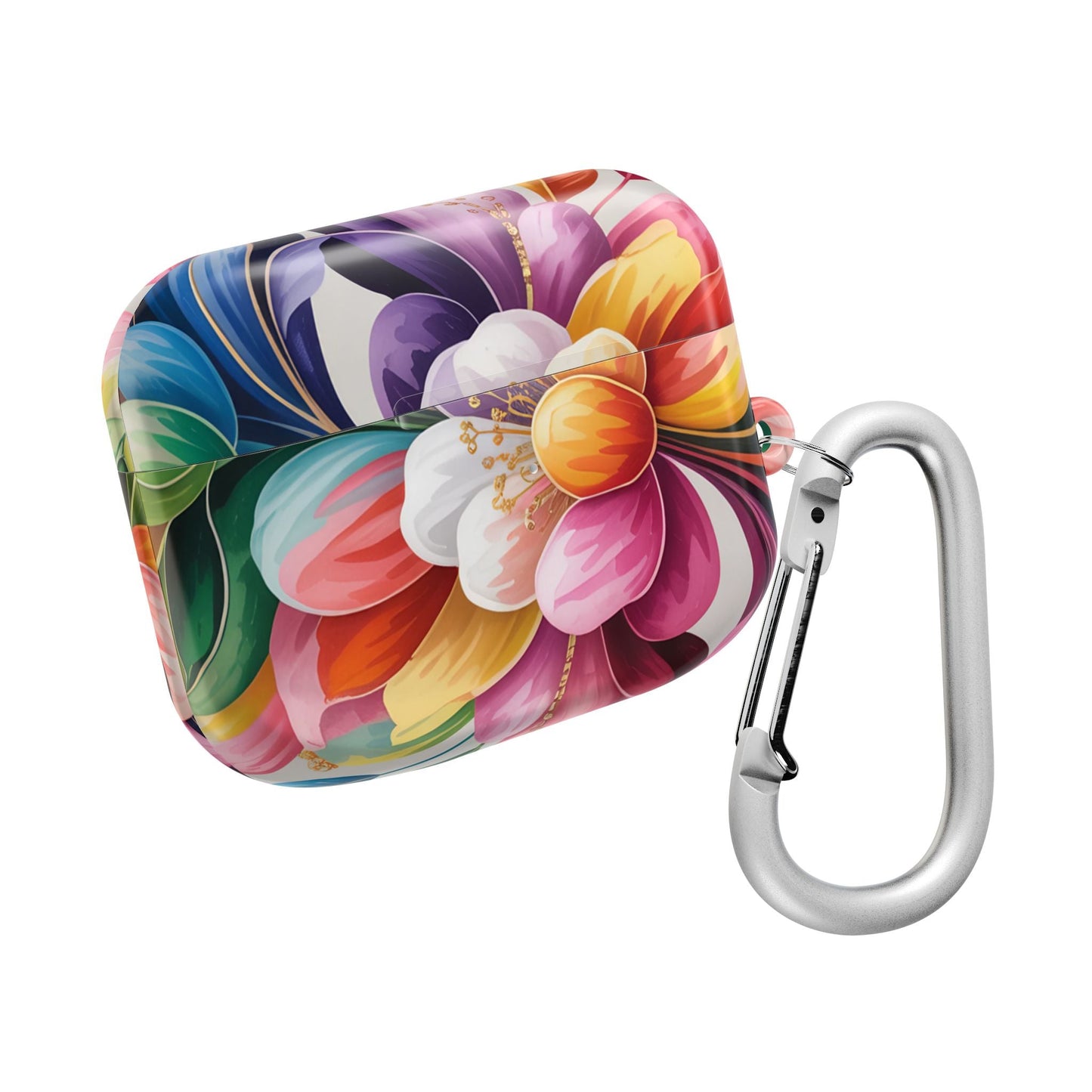 Floral inspired AirPod case with durable polycarbonate and attached carabiner clip