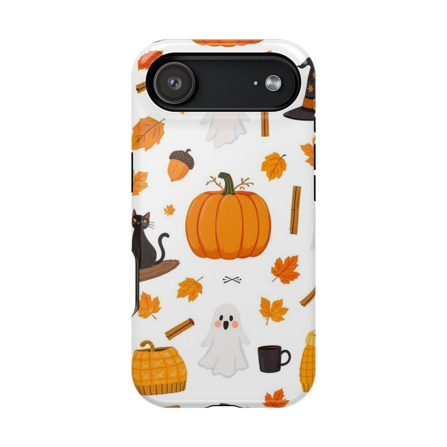 Halloween iPhone case with pumpkins, ghosts, black cat, and autumn leaves design