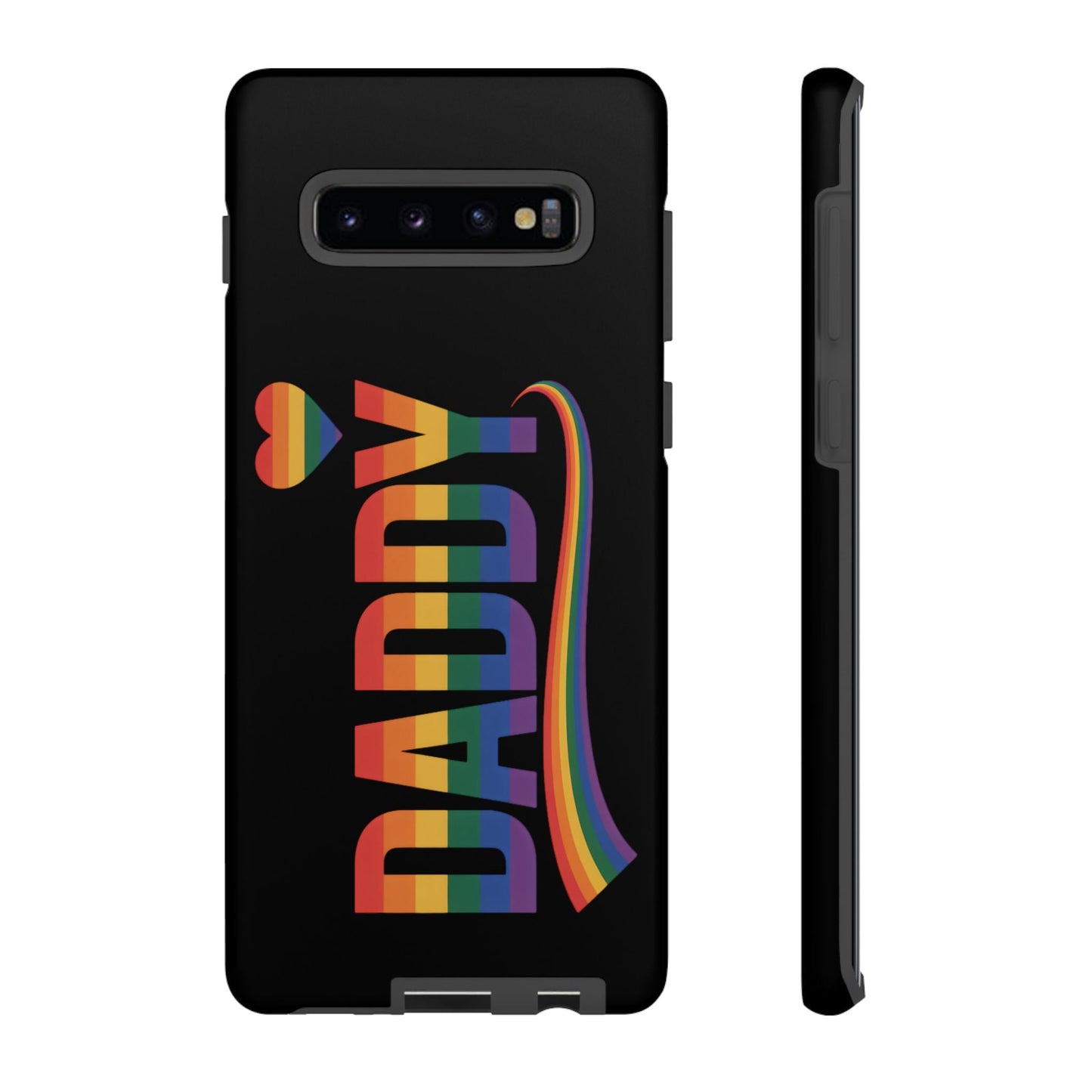 Samsung Tough Case with colorful LGBT-inspired Daddy text and rainbow heart design on black background for Samsung Galaxy phones.