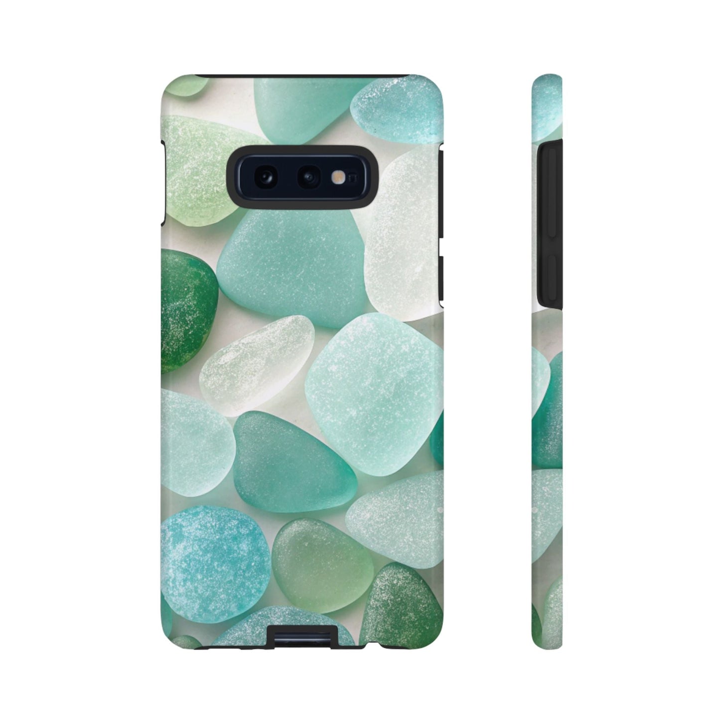 Samsung phone case with calming sea glass design in blue and green tones, tough and impact-resistant protection