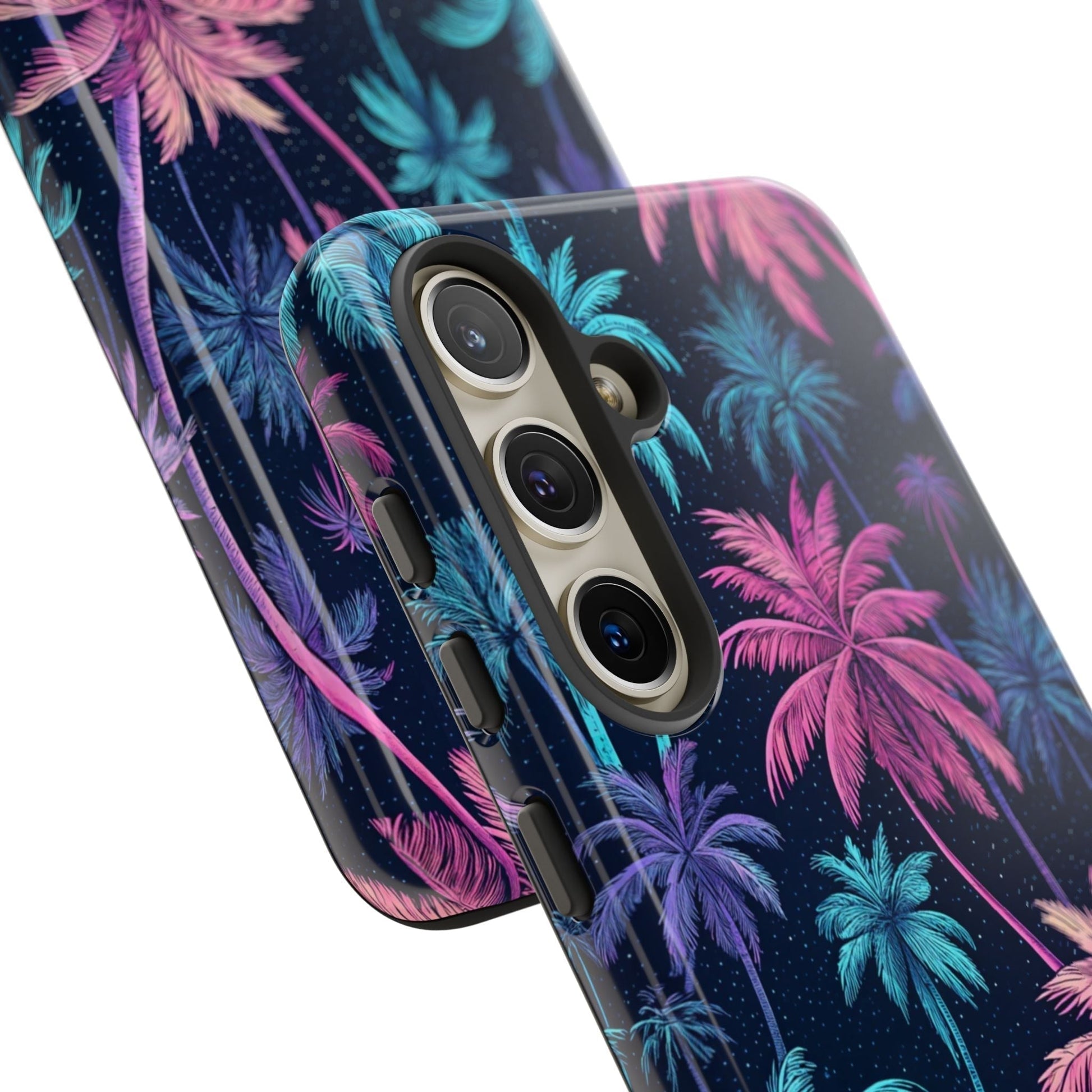 Samsung phone case with colorful neon palm tree design, durable and vibrant tropical style cover