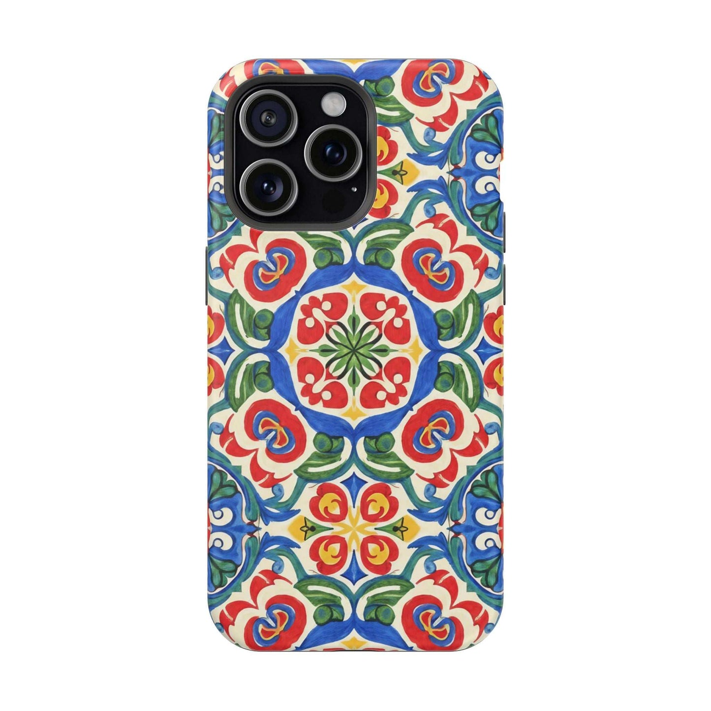 Mediterranean iPhone case with colorful folk tile art pattern and MagSafe compatibility