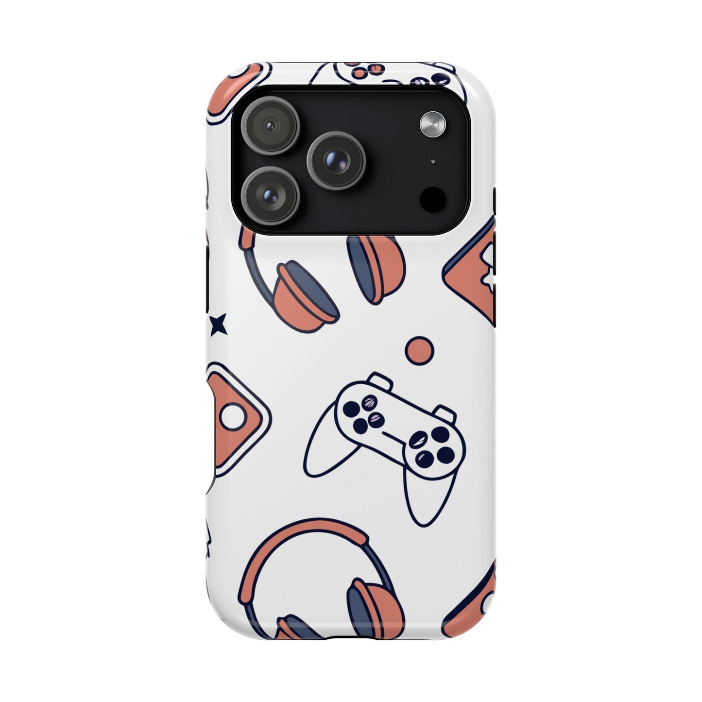 Gamer iPhone tough case with colorful gaming controller and headset design, durable protective polycarbonate and TPU shell, compatible with MagSafe accessories.