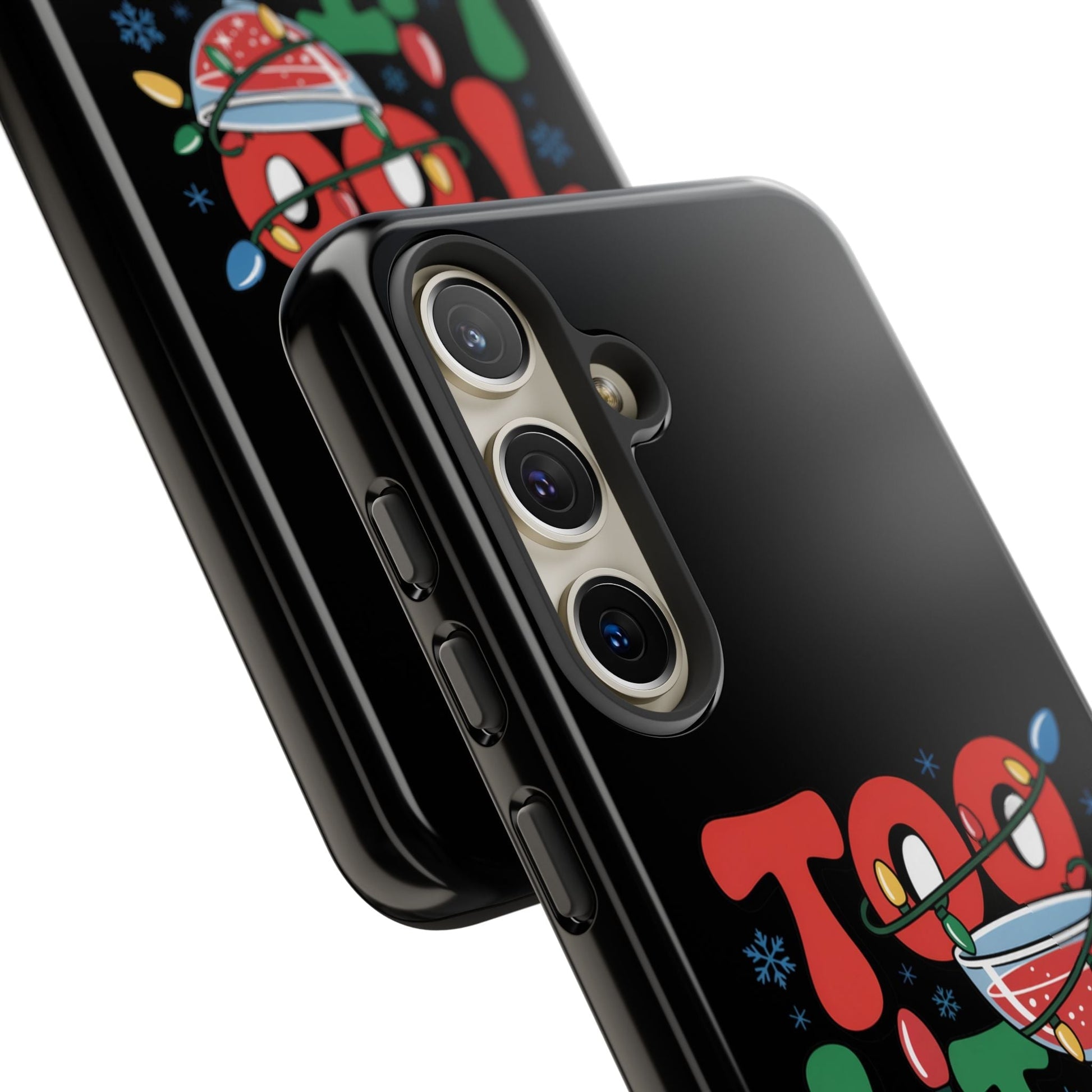 Holiday themed Samsung phone case with vibrant festive "Too Lit to Quit" design, durable and shock-resistant protection