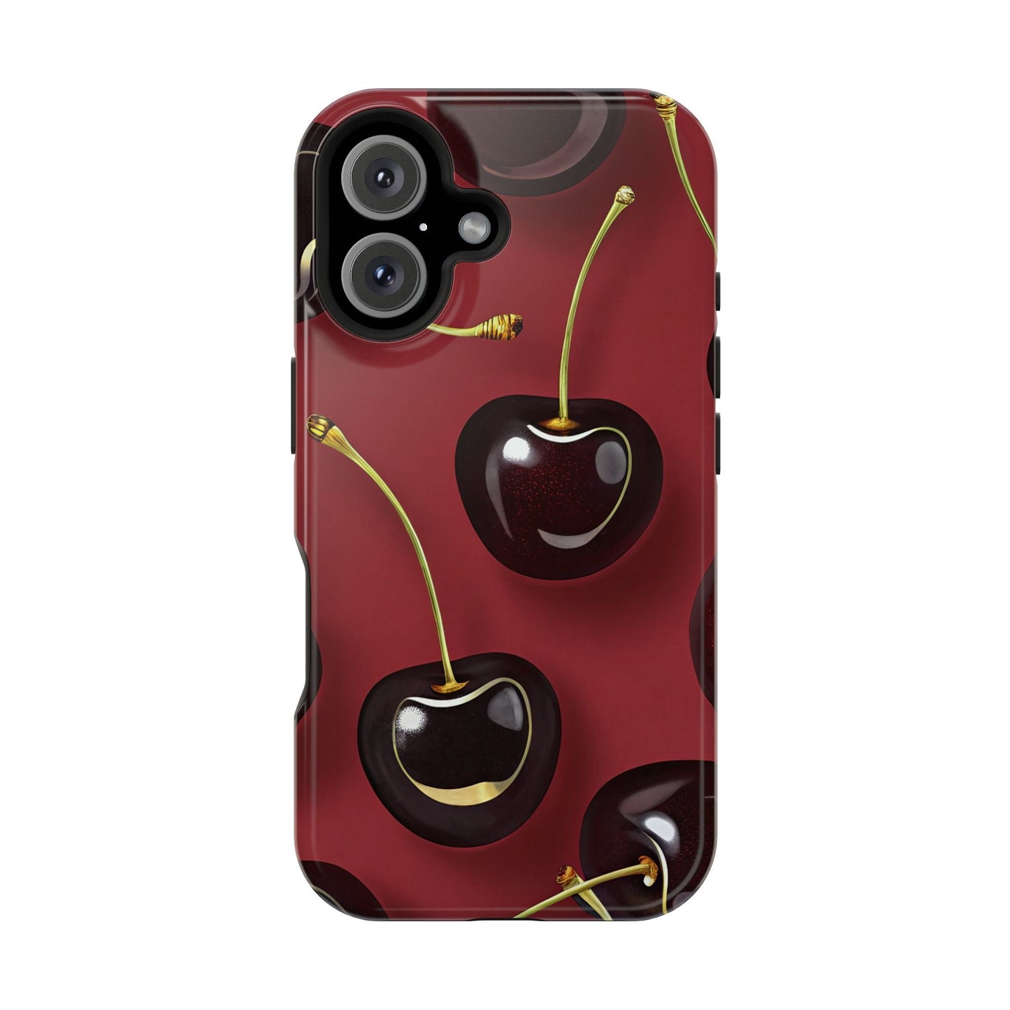 Cherry iPhone tough case with vibrant photo-realistic cherry design and durable dual-layer protection, MagSafe compatible