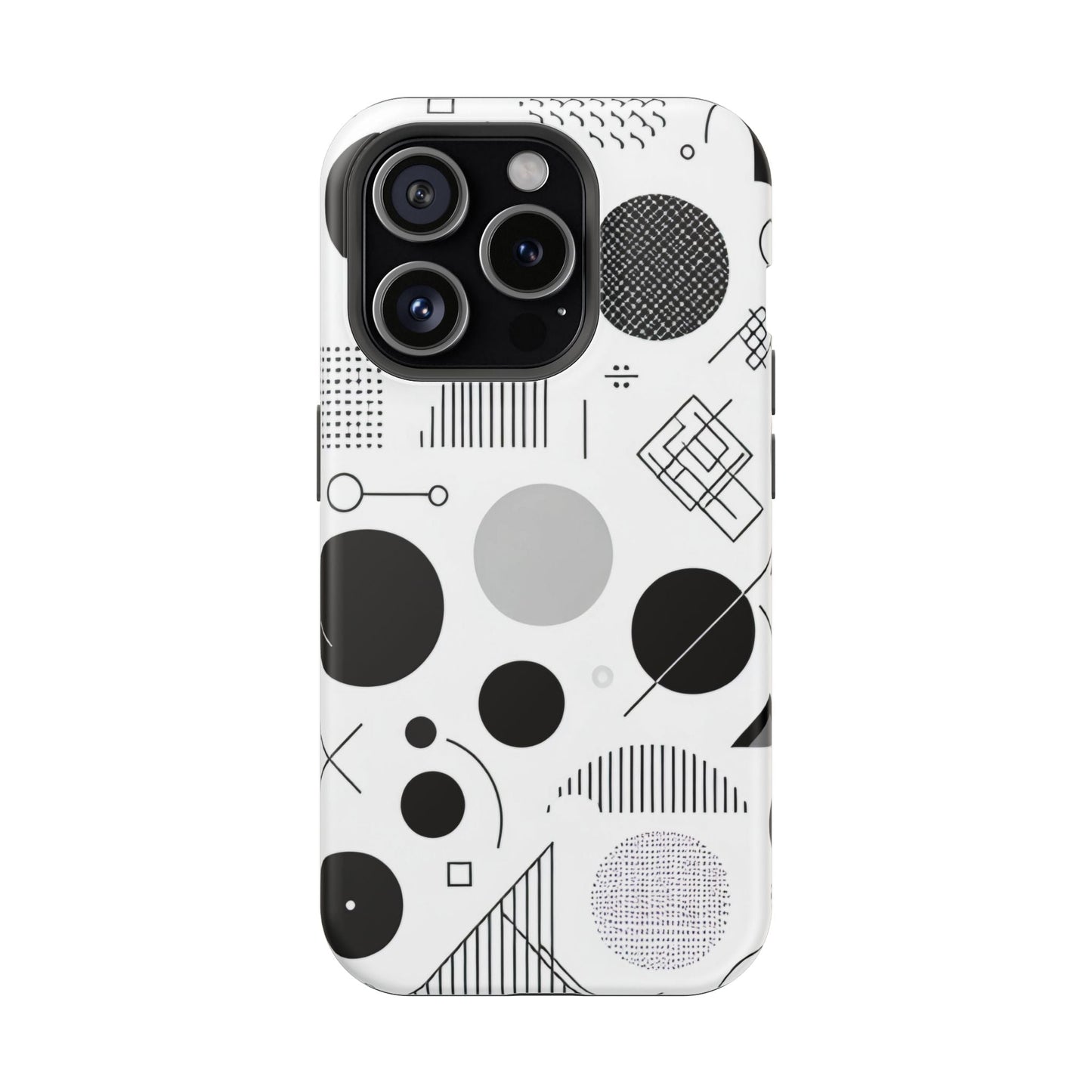 Black and white abstract art iPhone case with modern minimalist geometric design and protective dual-layer construction