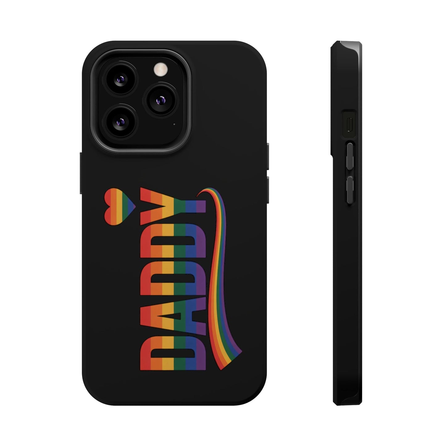 Black iPhone tough case with rainbow "DADDY" text and heart for Fun Daddy LGBT Daddy design, MagSafe compatible.