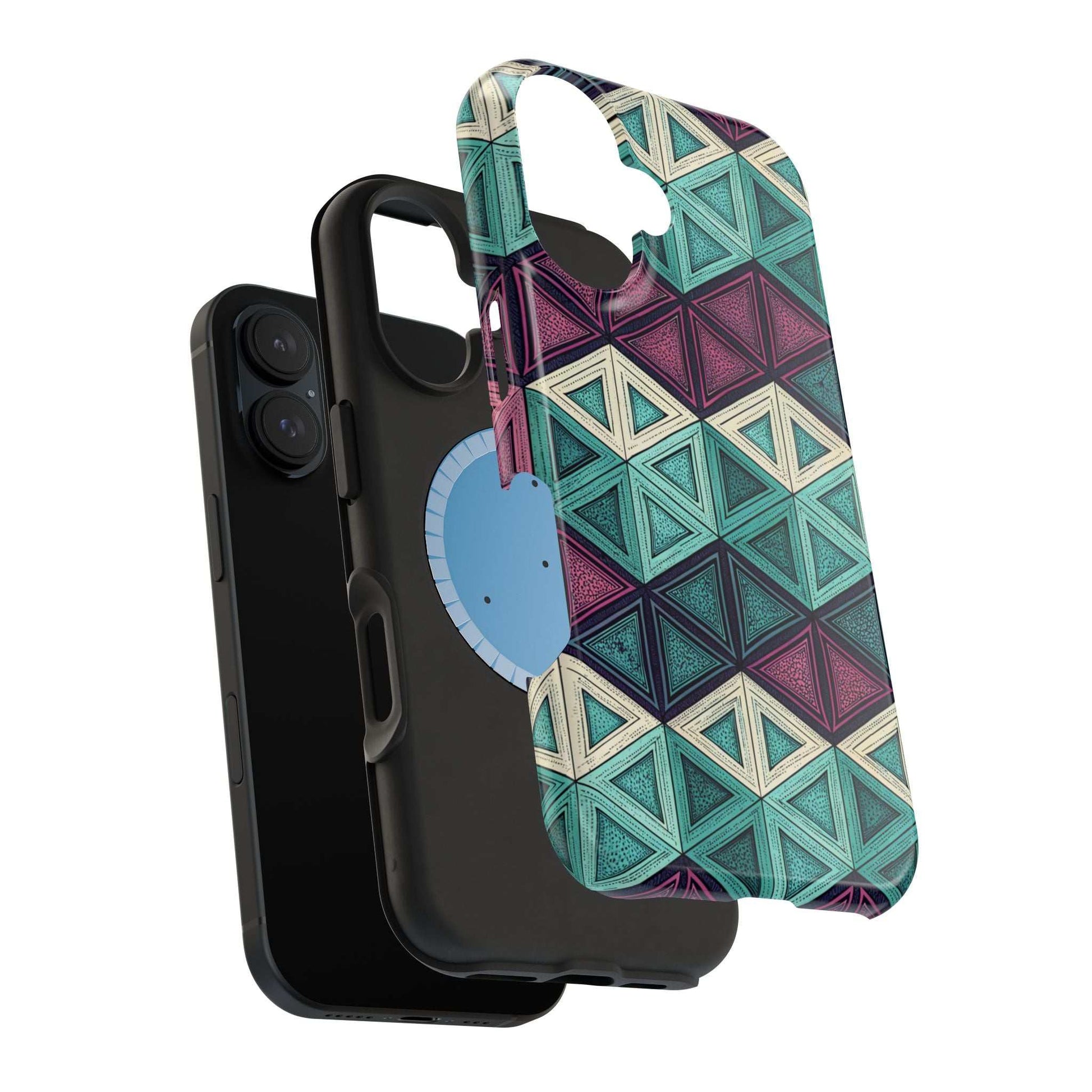 Purple and Teal Abstract geometric patterned magnetic iPhone tough case with MagSafe compatibility and dual-layer protection