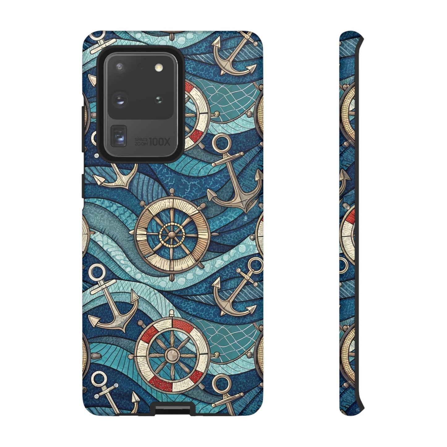 Samsung tough case with nautical anchor and life preserver design in blue tones, durable and shock-absorbent protection for Samsung Galaxy phones