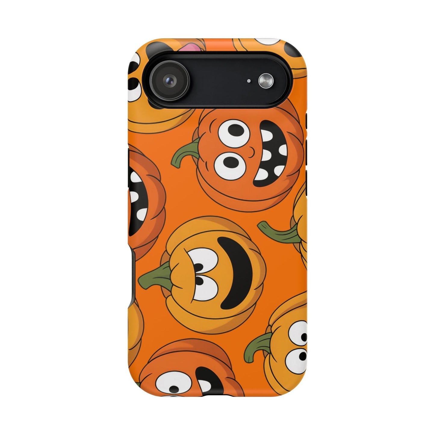 iPhone case with Moody Pumpkins Design featuring vibrant, spooky pumpkin faces on orange background, durable protective cover with MagSafe compatibility