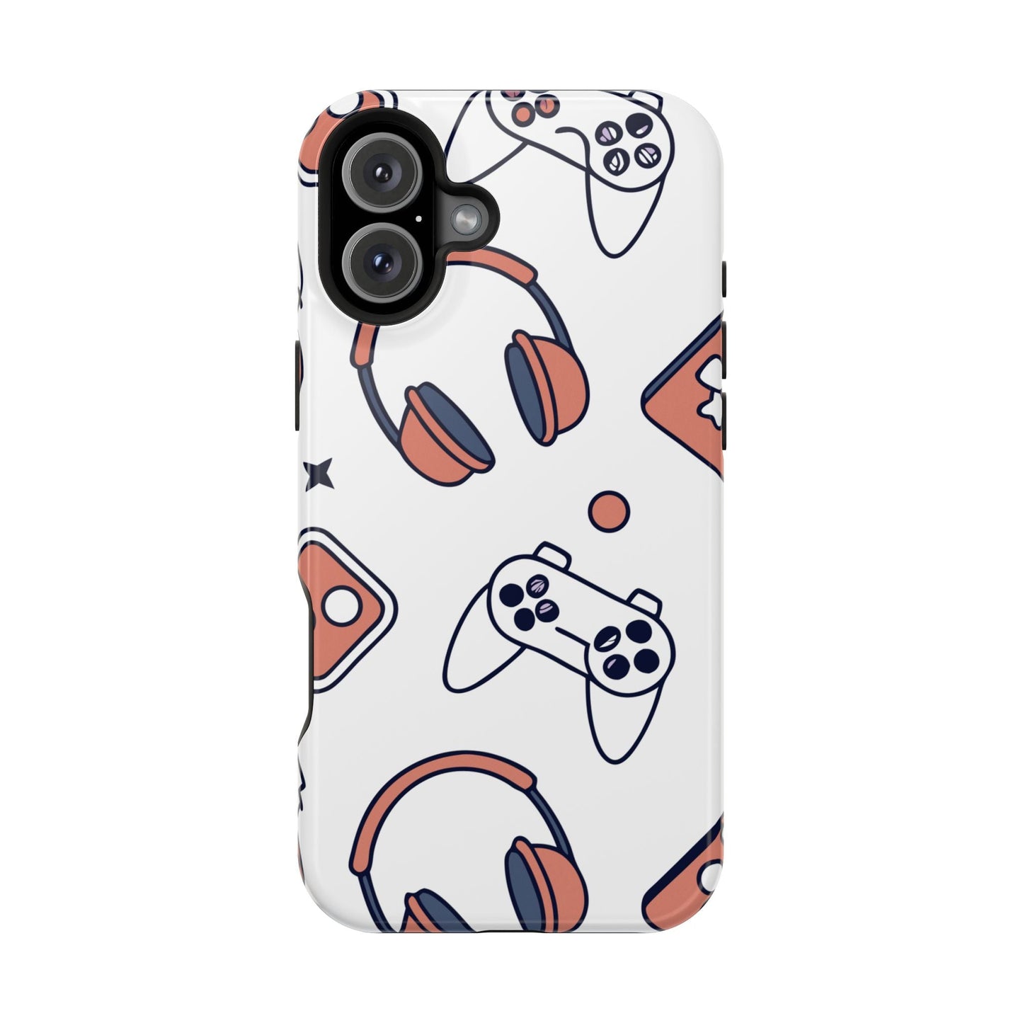 Gamer iPhone tough case with white background and gaming controller and headset pattern, durable protective design with MagSafe compatibility
