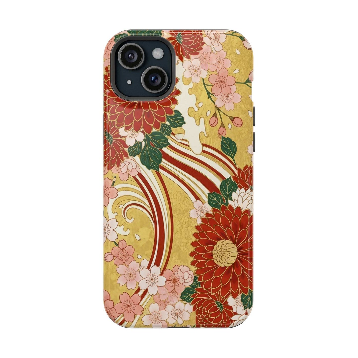 iPhone case with Japanese chrysanthemum and cherry blossom floral design, slim impact-resistant with MagSafe compatibility