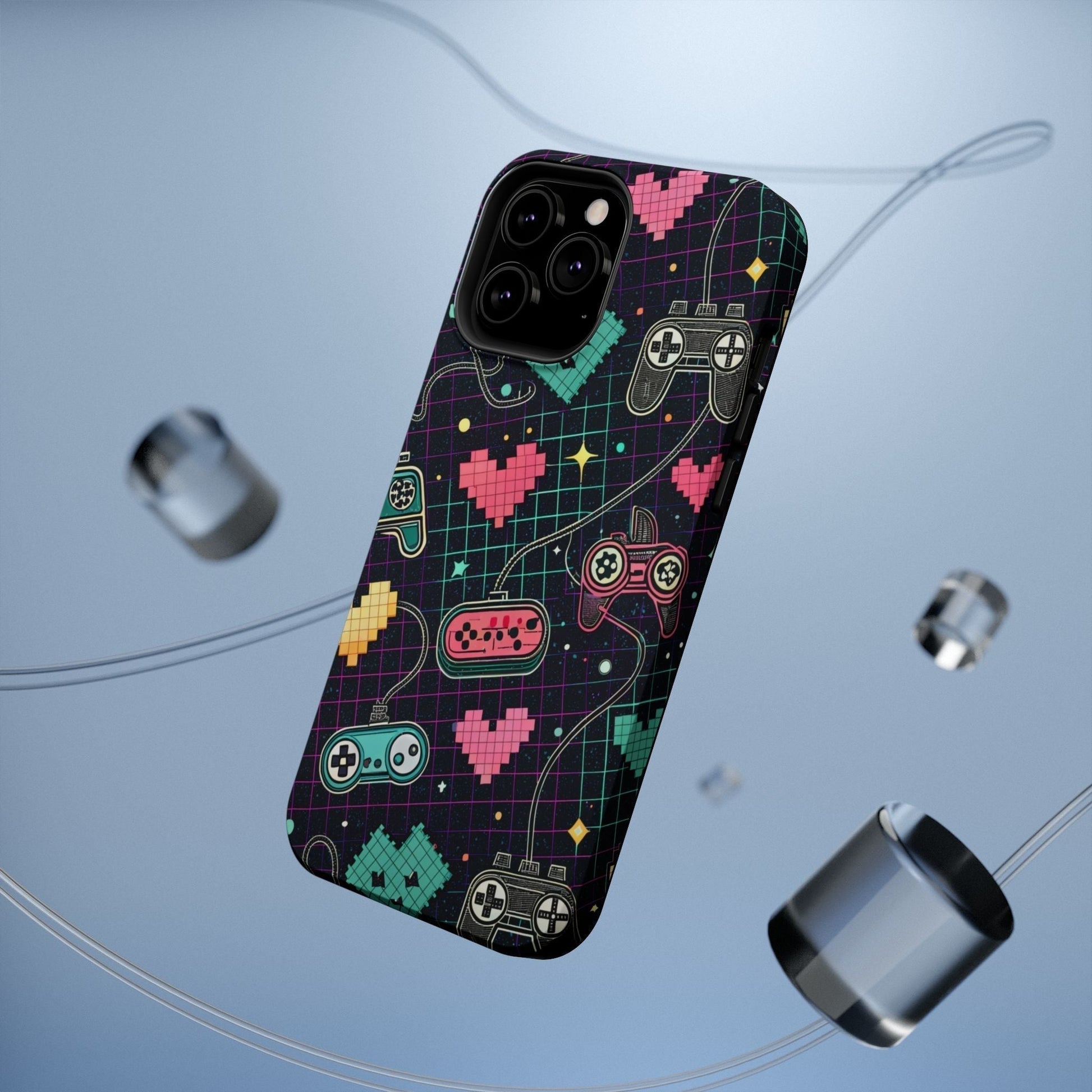 Retro Gamer Inspired dual-layer iPhone case with pixelated hearts and game controller design, MagSafe compatible