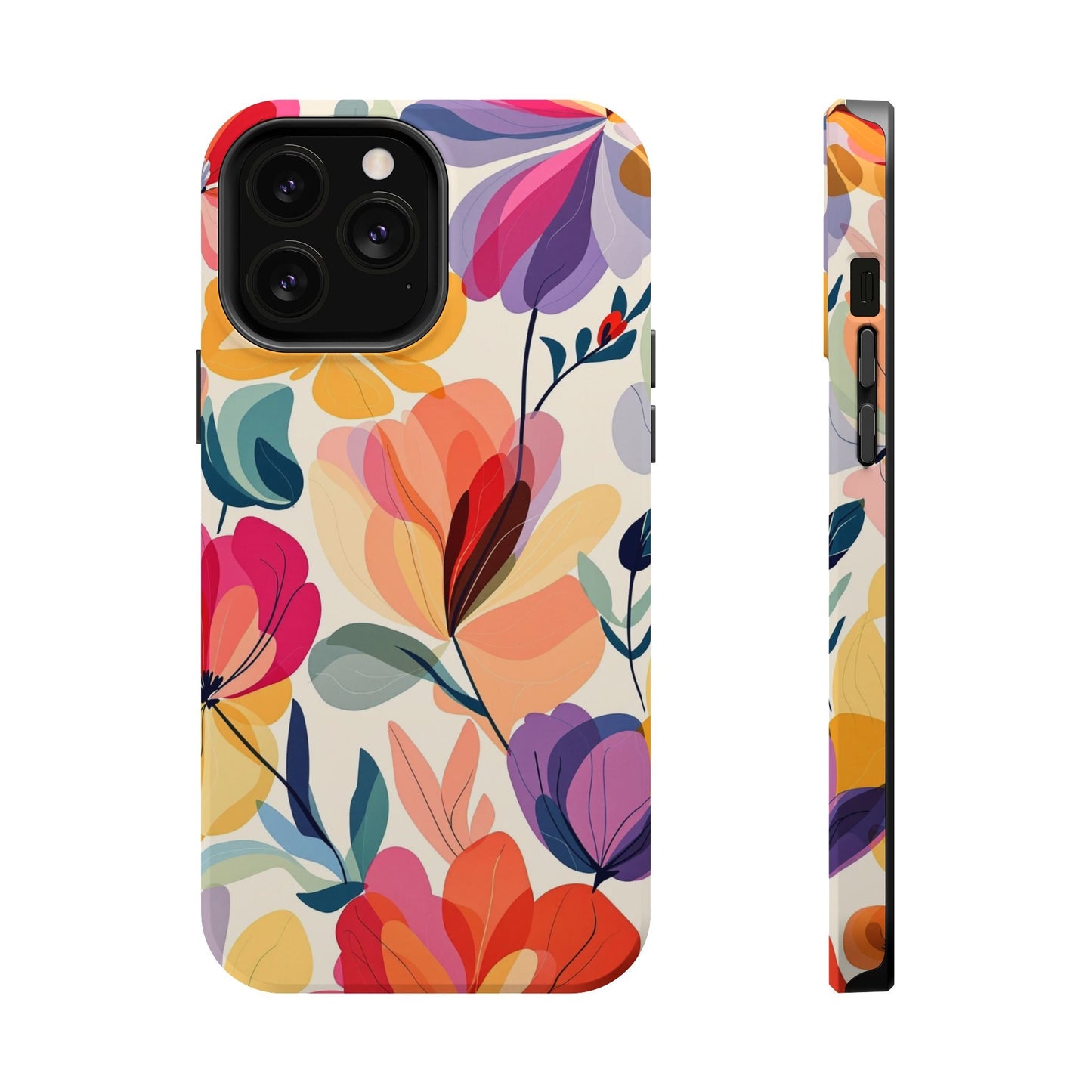 Watercolor floral iPhone case with vibrant colorful flowers and durable polycarbonate construction, shown in front and side views